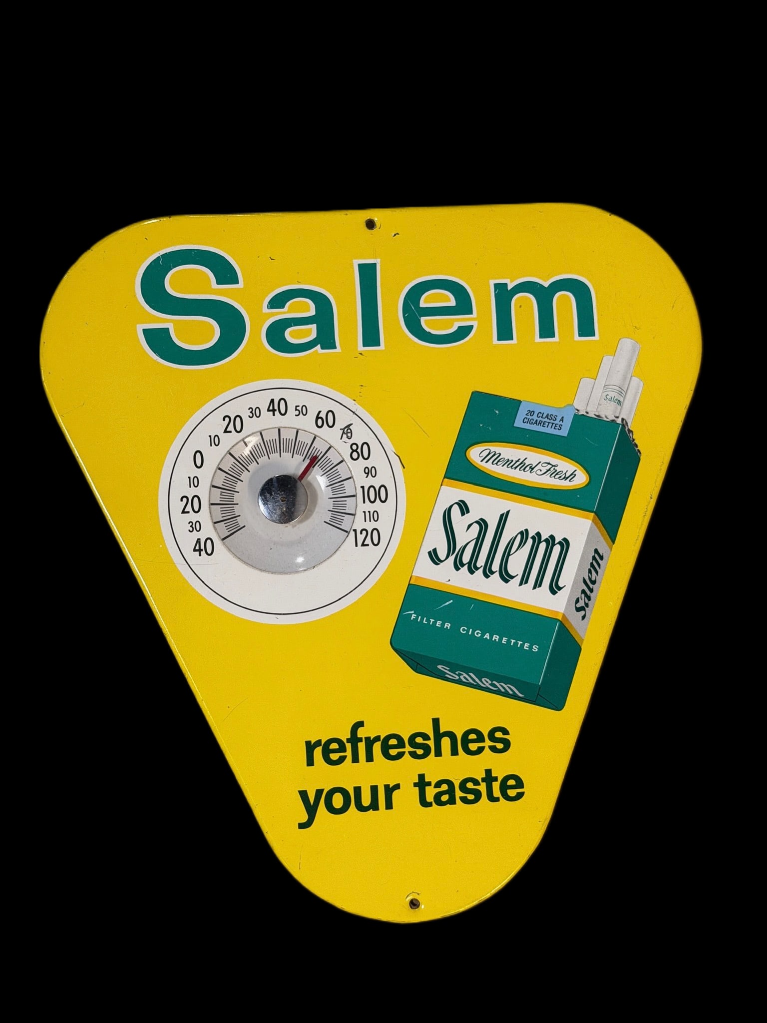 Salem Cigarette Tobacco Thermometer Sign: Sartin marked. Thermometer functions. Light shelf wear throughout. 9" H x 9" W. All items are eligible for free delivery to Rustbelt Americana in East Moline, IL on 8/6-7 or other shows that Richmond