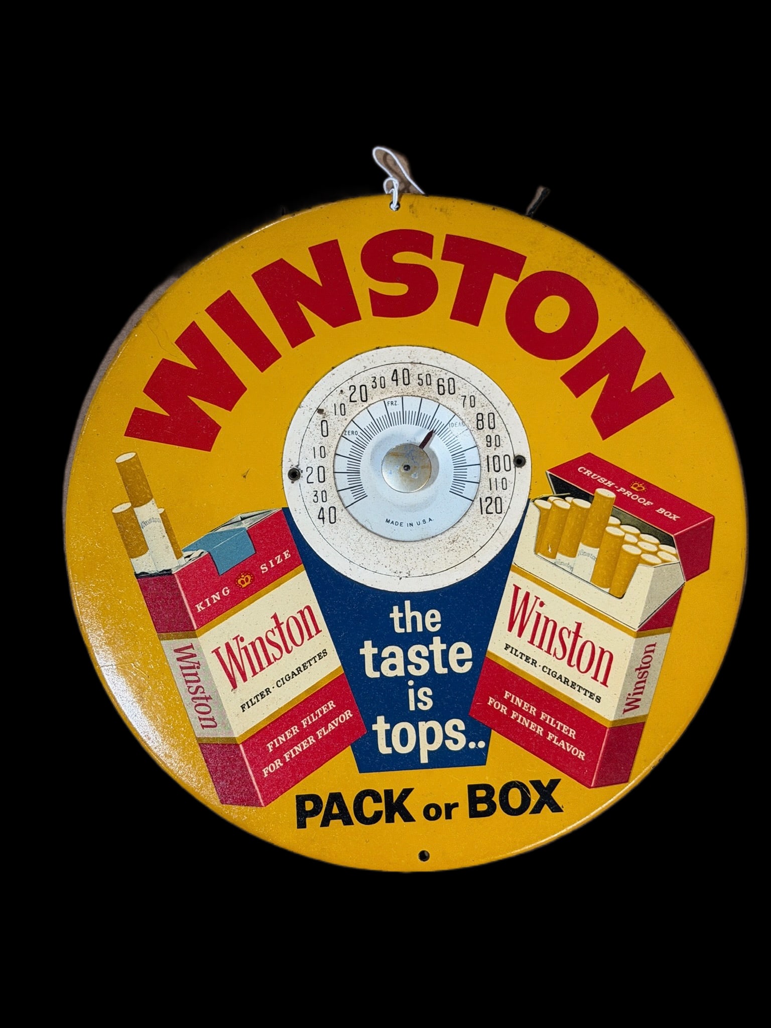 Winston The Taste Is Tops Cigarette Thermometer: Sartin marked. Thermometer functions. Light shelf wear throughout. Yellowing/staining throughout. 9" H. All items are eligible for free delivery to Rustbelt Americana in East Moline, IL on 8/6-7 or