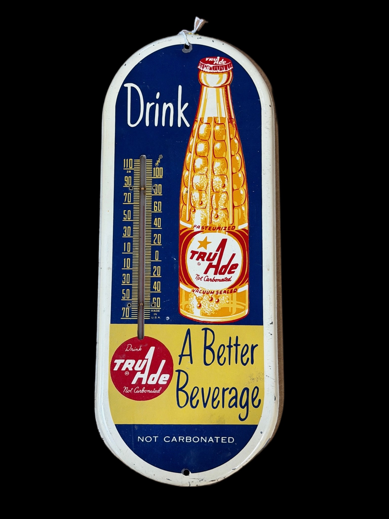 Drink TruAde A Better Beverage Thermometer: Wear around edges, scratches on face. Thermometer works. 14" H x 6" W. All items are eligible for free delivery to Rustbelt Americana in East Moline, IL on 8/6-7 or other shows that Richmond Auctions