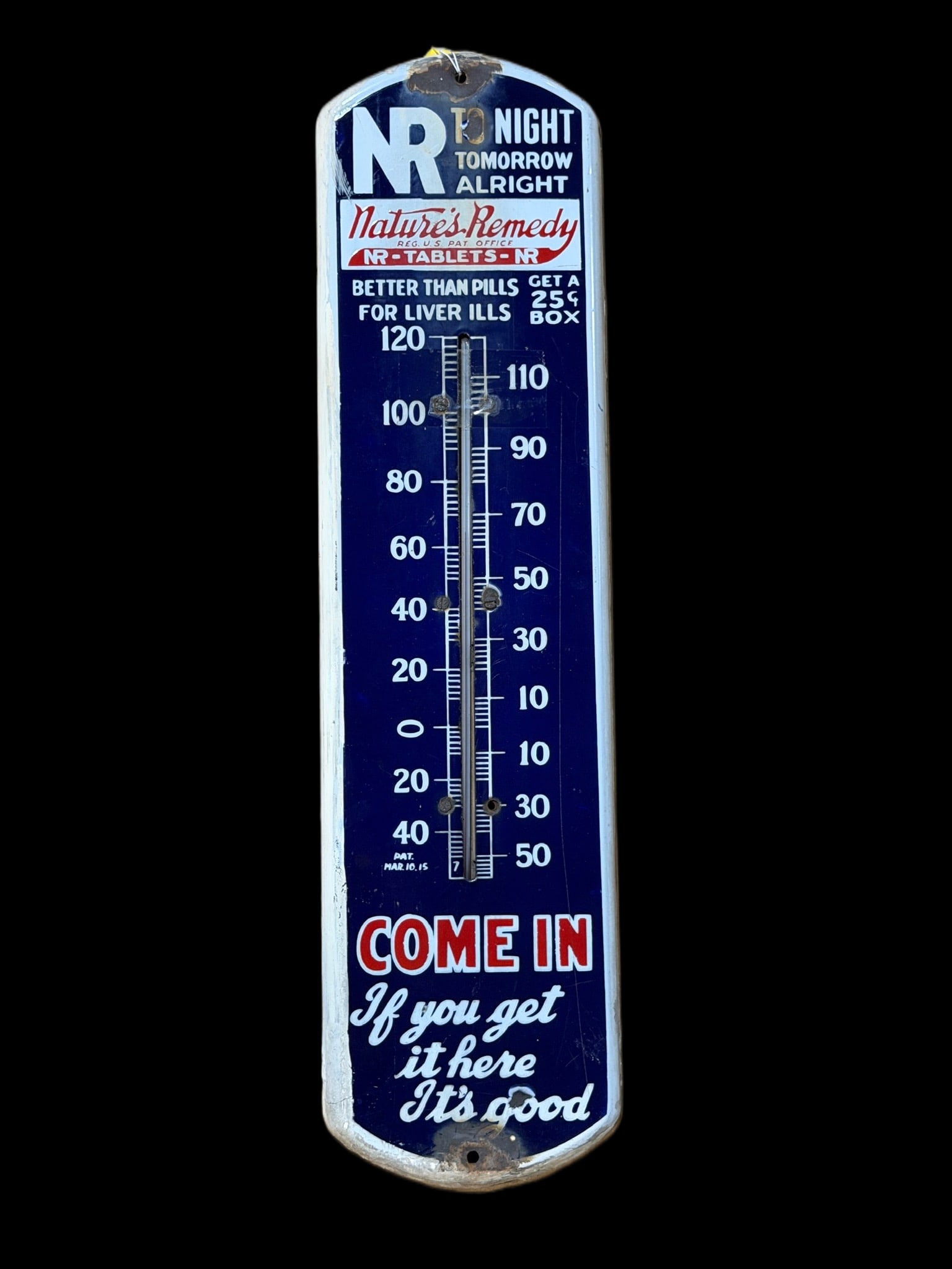 Nature's Remedy Tablets Porcelain Thermometer: Staining on top 1/4, significant wear on bottom. Paint over in multiple spots. Tube is present and held by tape. 28" H x 7" W. All items are eligible for free delivery to Rustbelt Americana in East Mo