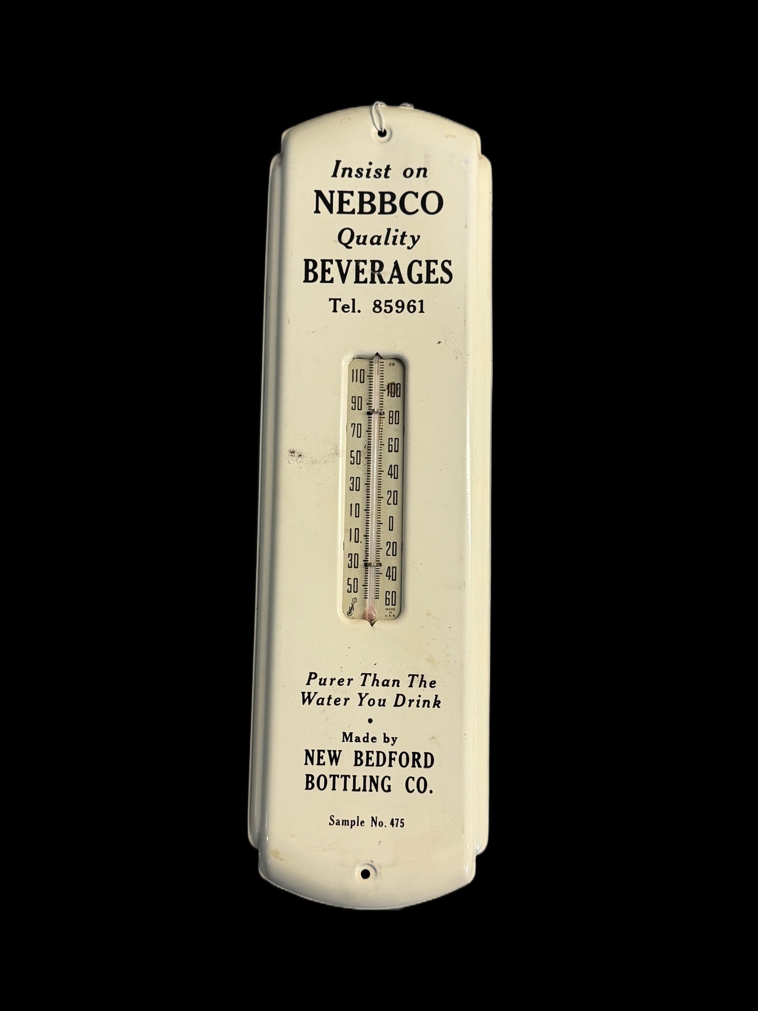 Nebbco Beverages Soda Thermometer: Light wear throughout. Small dent at BB in Nebbco. Tube present but not functioning. 18" H x 5" W. All items are eligible for free delivery to Rustbelt Americana in East Moline, IL on 8/6-7 or other