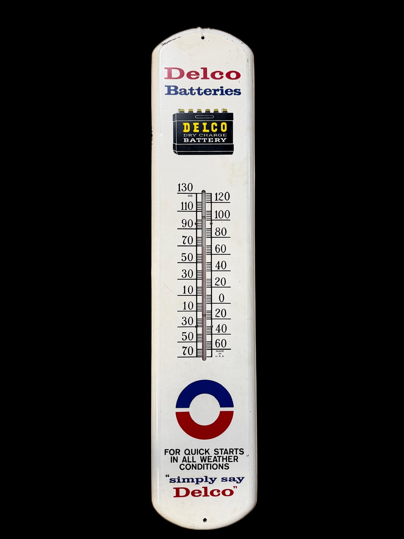 Delco Batteries Thermometer: Scratches at top. Field mostly clean, presents well. Thermometer functions. 39" H x 8" W. All items are eligible for free delivery to Rustbelt Americana in East Moline, IL on 8/6-7 or other shows