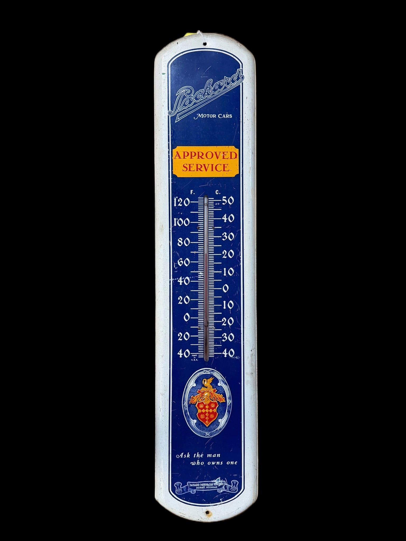 Packard Motor Cars Thermometer: Significant wear throughout. Tube is present and functioning. 39" H x 8" W. All items are eligible for free delivery to Rustbelt Americana in East Moline, IL on 8/6-7 or other shows that Richmond