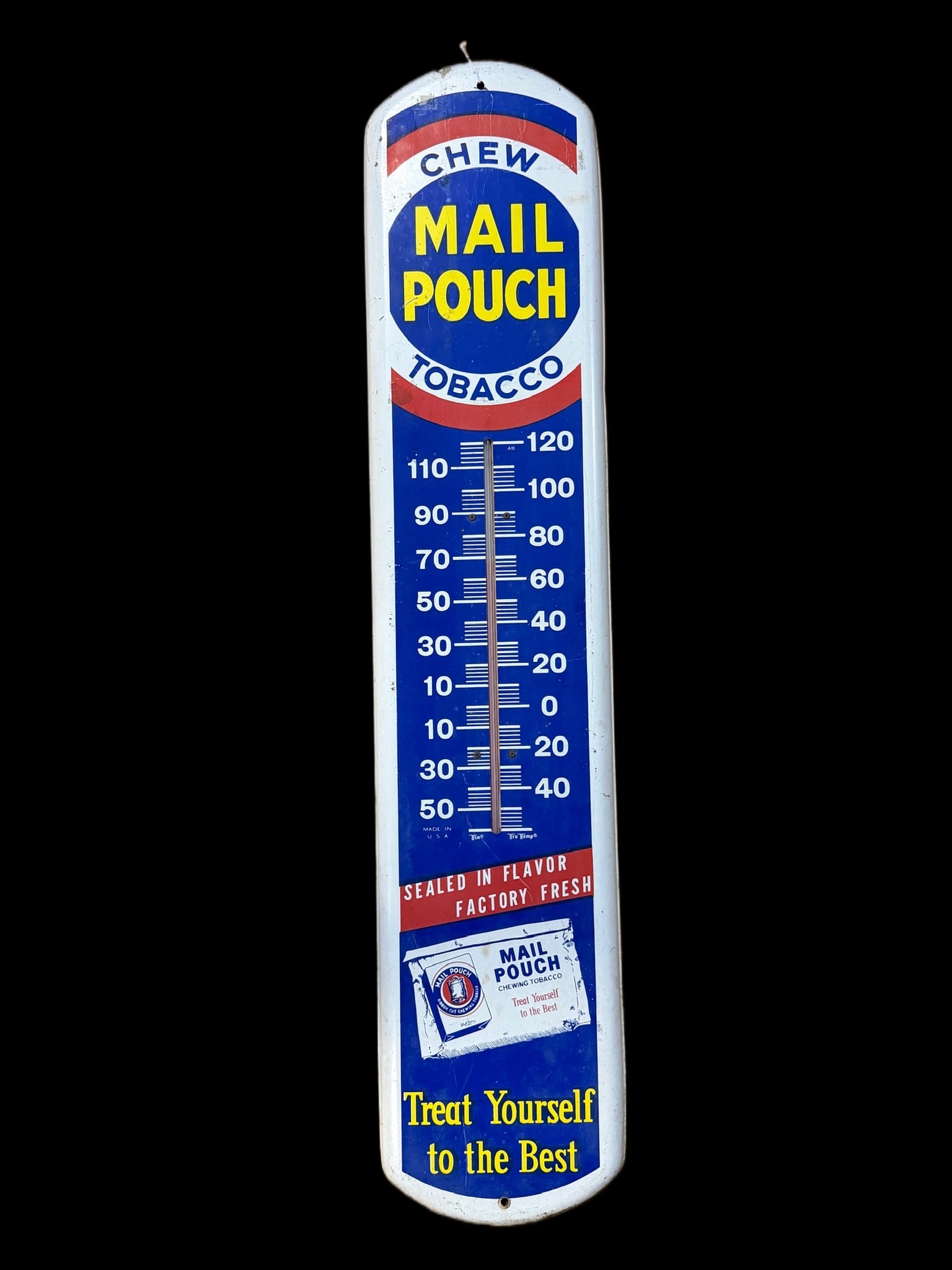 Mail Pouch Tobacco Thermometer: Moderate wear throughout. Tube functions. 39" H x 8" W. All items are eligible for free delivery to Rustbelt Americana in East Moline, IL on 8/6-7 or other shows that Richmond Auctions attends. Size 3