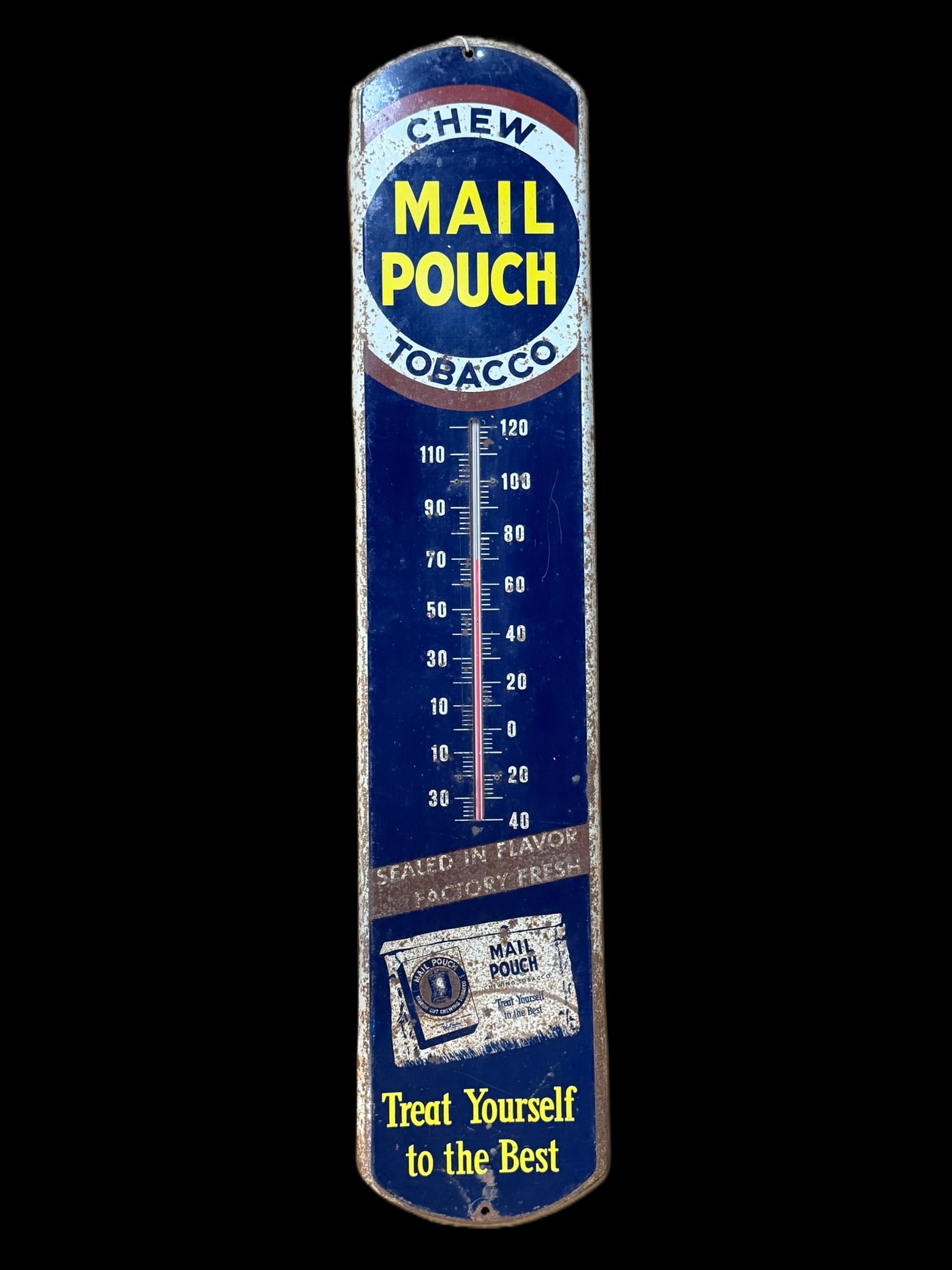 Mail Pouch Tobacco Thermometer: Extreme wear throughout. Tube functions. 39" H x 8" W. All items are eligible for free delivery to Rustbelt Americana in East Moline, IL on 8/6-7 or other shows that Richmond Auctions attends. Size 39