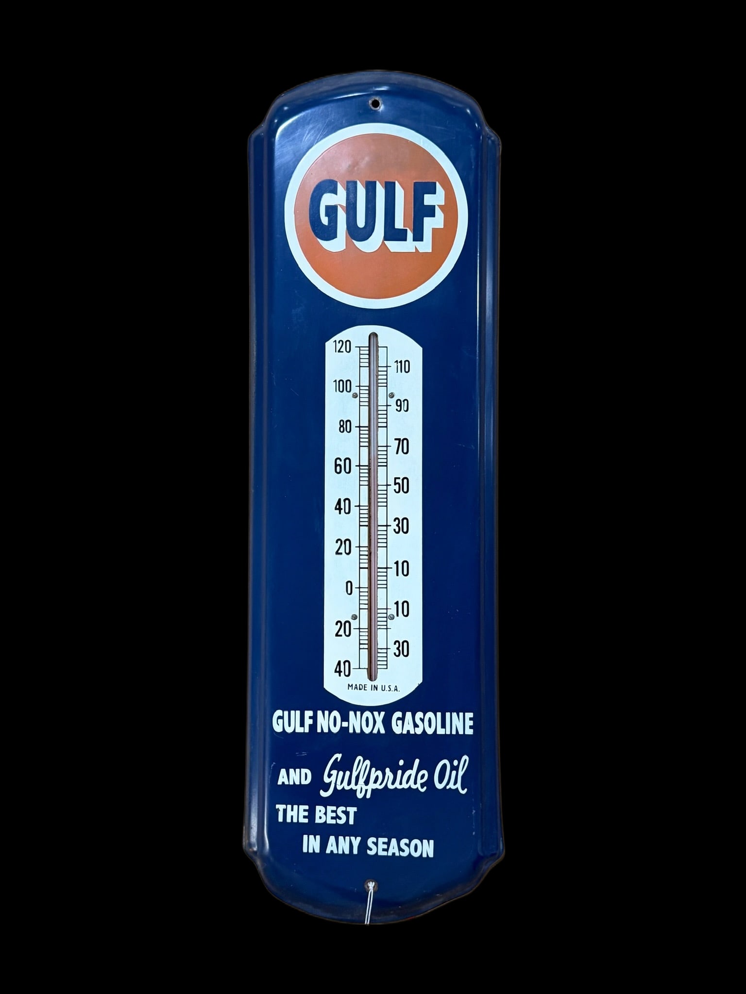 Gulf No Nox Gasoline Thermometer: Very light shelf wear, great colors. Functions correctly. 27" H x 8" W. All items are eligible for free delivery to Rustbelt Americana in East Moline, IL on 8/6-7 or other shows that Richmond