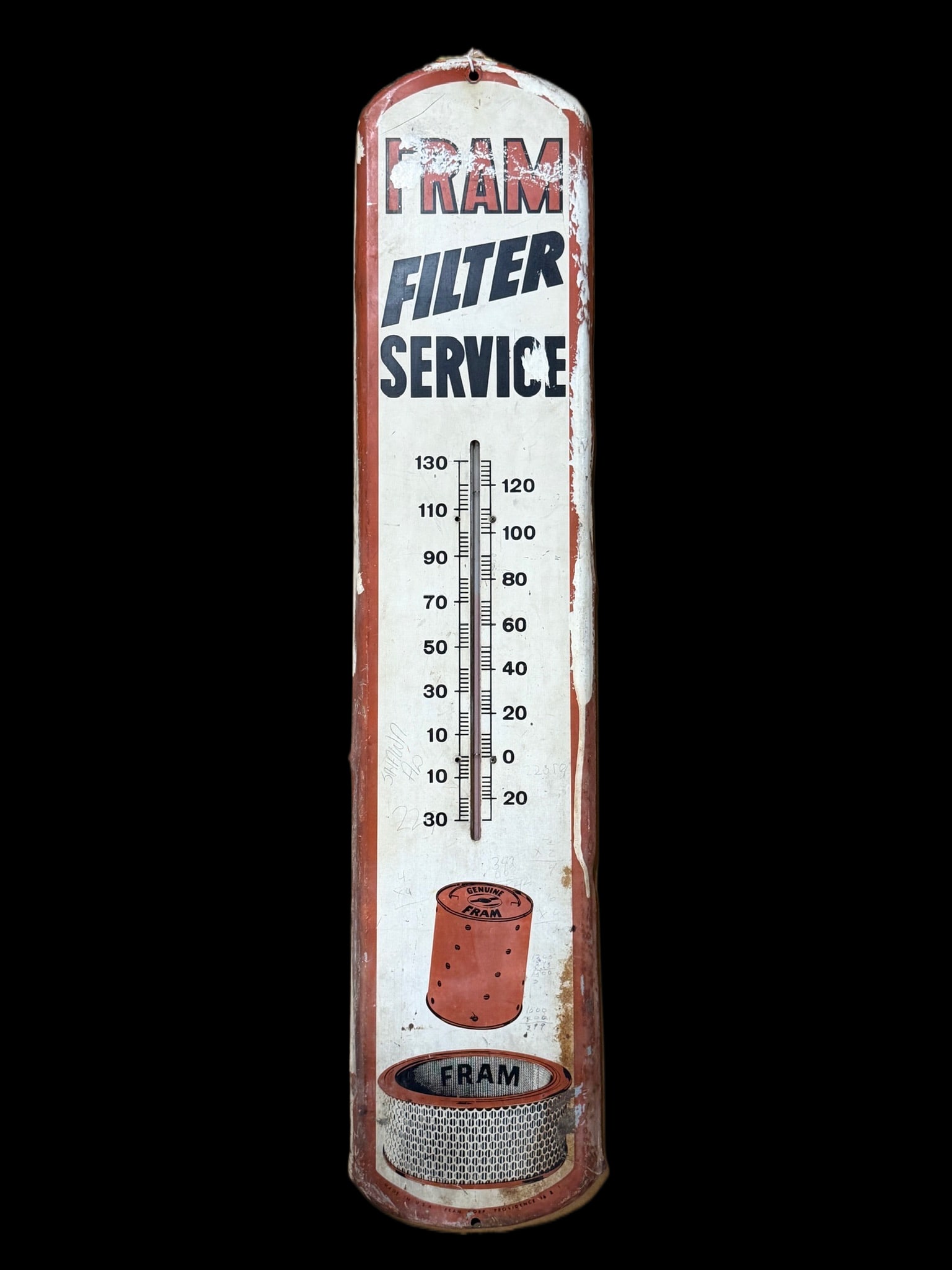 Fram Filter Service Thermometer: Writing all over it, paint over and wear everywhere. Tube functions. 39" H x 8" W. All items are eligible for free delivery to Rustbelt Americana in East Moline, IL on 8/6-7 or other shows that