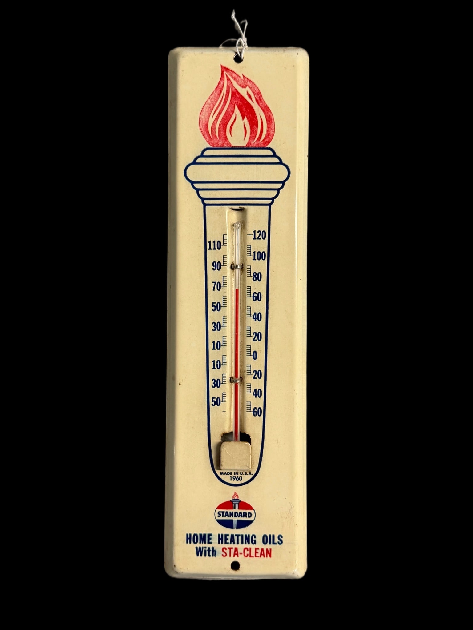 Standard Oil Home Heating With Saclean Thermometer: Marked 1960. Light wear, presents well, tube works.. 12" H x 3" W. All items are eligible for free delivery to Rustbelt Americana in East Moline, IL on 8/6-7 or other shows that Richmond Auctions