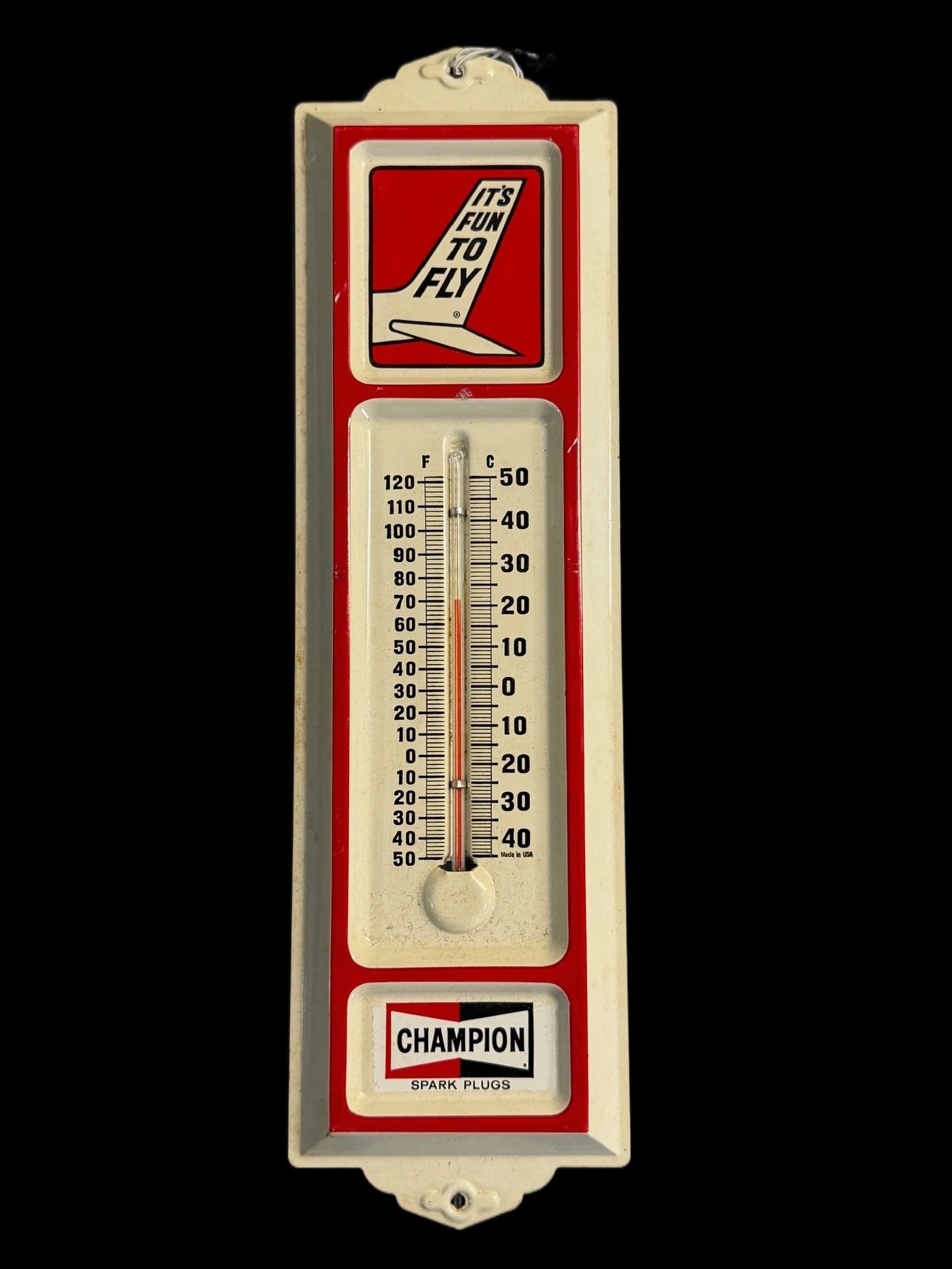 Champion Spark Plugs Thermometer: It's fun to fly. Nice thermometer with functioning tube. Just light wear present. 13" H x 4" W. All items are eligible for free delivery to Rustbelt Americana in East Moline, IL on 8/6-7 or other