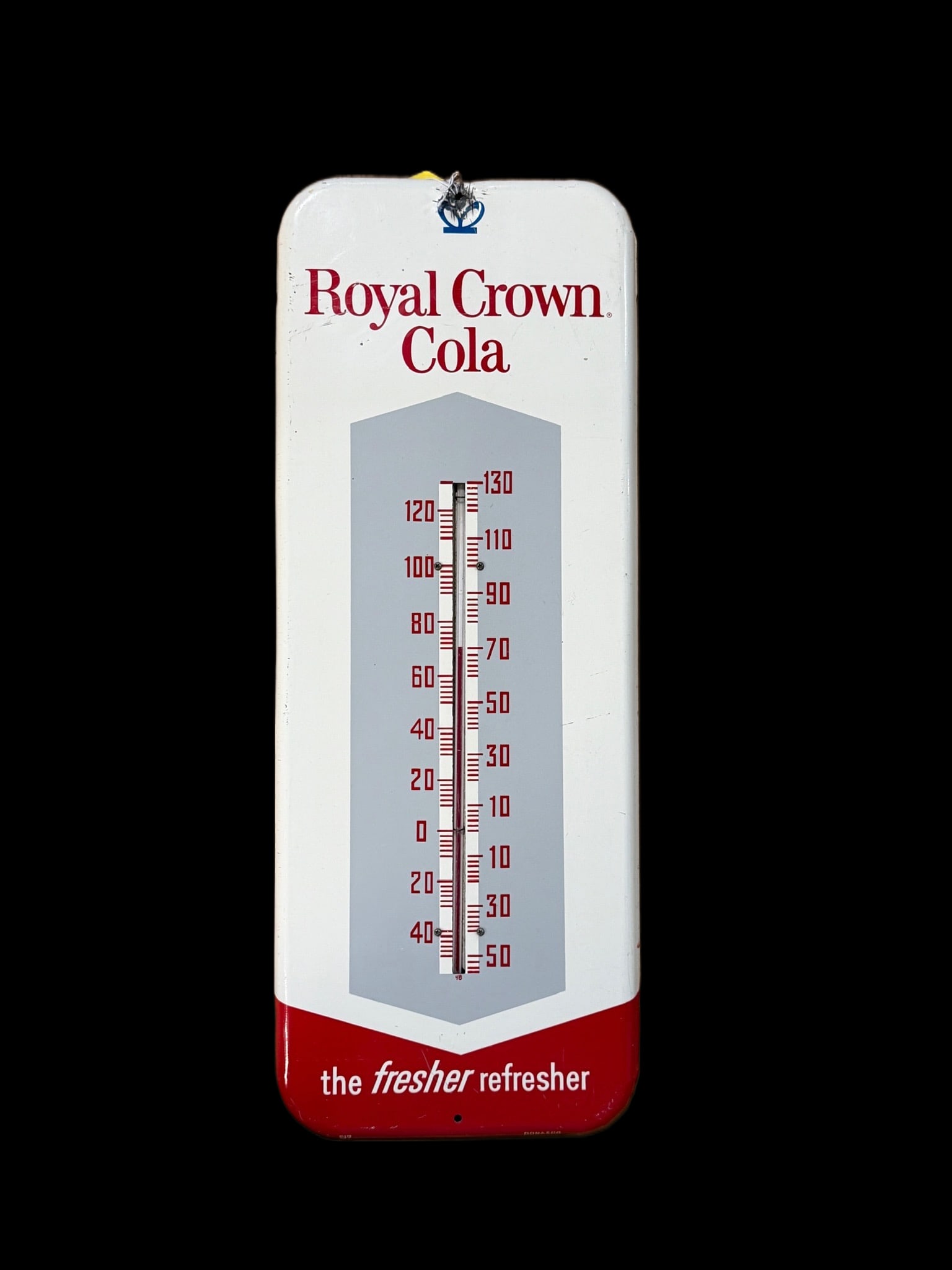 Royal Crown Cola RC Soda Thermometer: Top has dent at mounting hole and paint chips. Light scratching throughout. Tube functions. 26" H x 10" W. All items are eligible for free delivery to Rustbelt Americana in East Moline, IL on 8/6-7 or