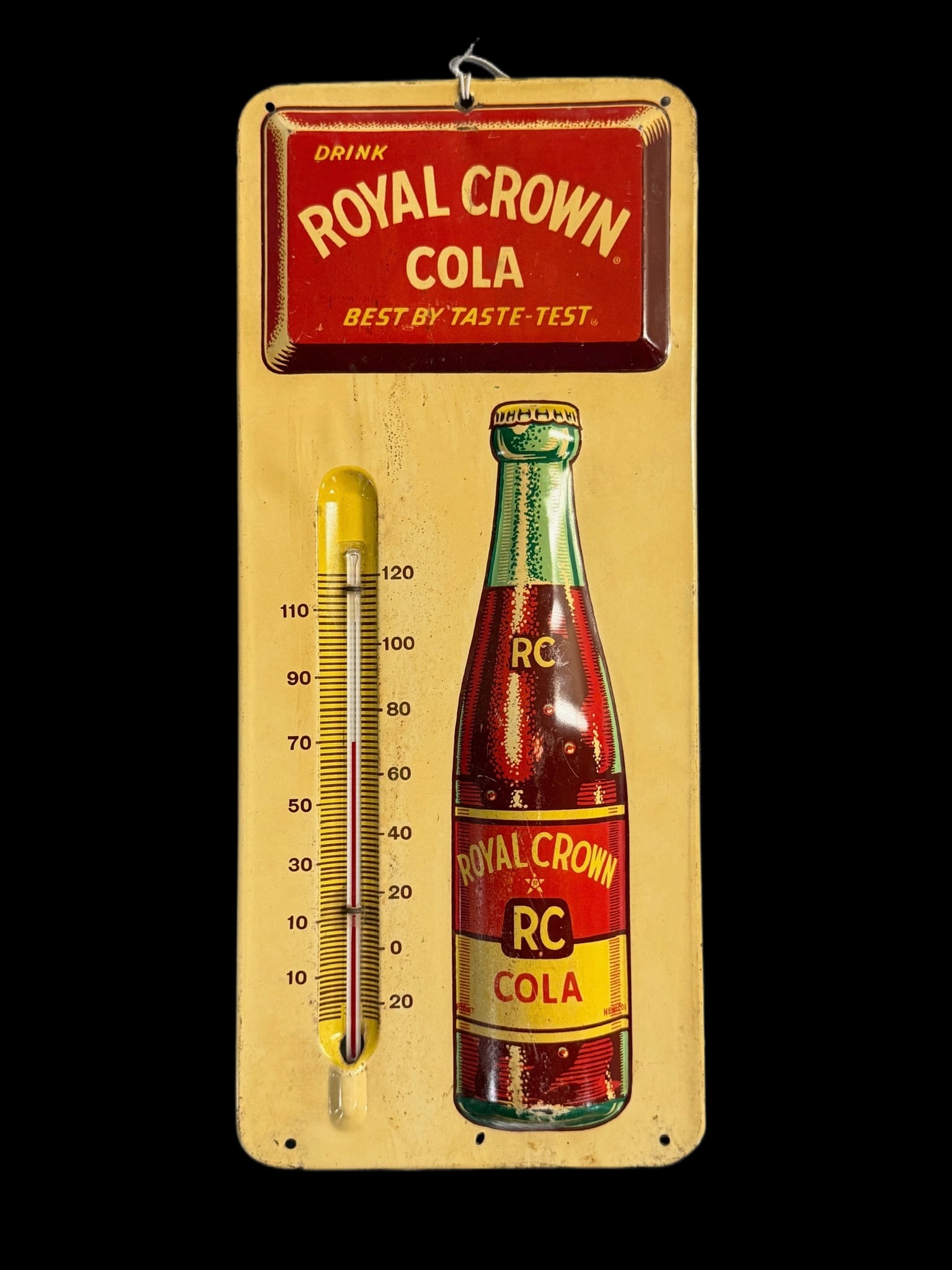 Royal Crown Cola RC Soda Embossed Thermometer: Wear throughout. Paint loss above therm. Tube functions. 14" H x 6" W. All items are eligible for free delivery to Rustbelt Americana in East Moline, IL on 8/6-7 or other shows that Richmond Auctions 