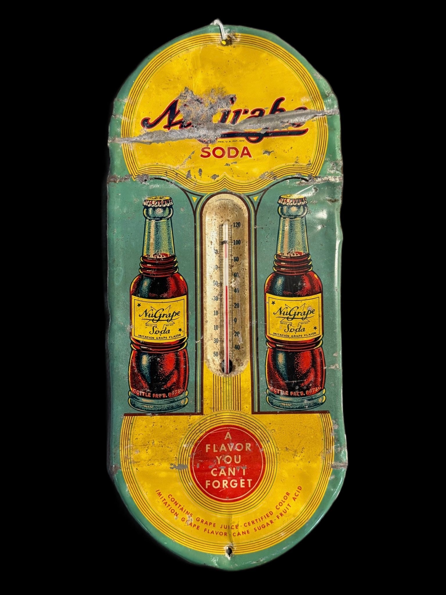 NuGrape Soda Thermometer: Not mint. Wear everywhere, tube doesn't work. 16" H x 7" W. All items are eligible for free delivery to Rustbelt Americana in East Moline, IL on 8/6-7 or other shows that Richmond Auctions attends.
