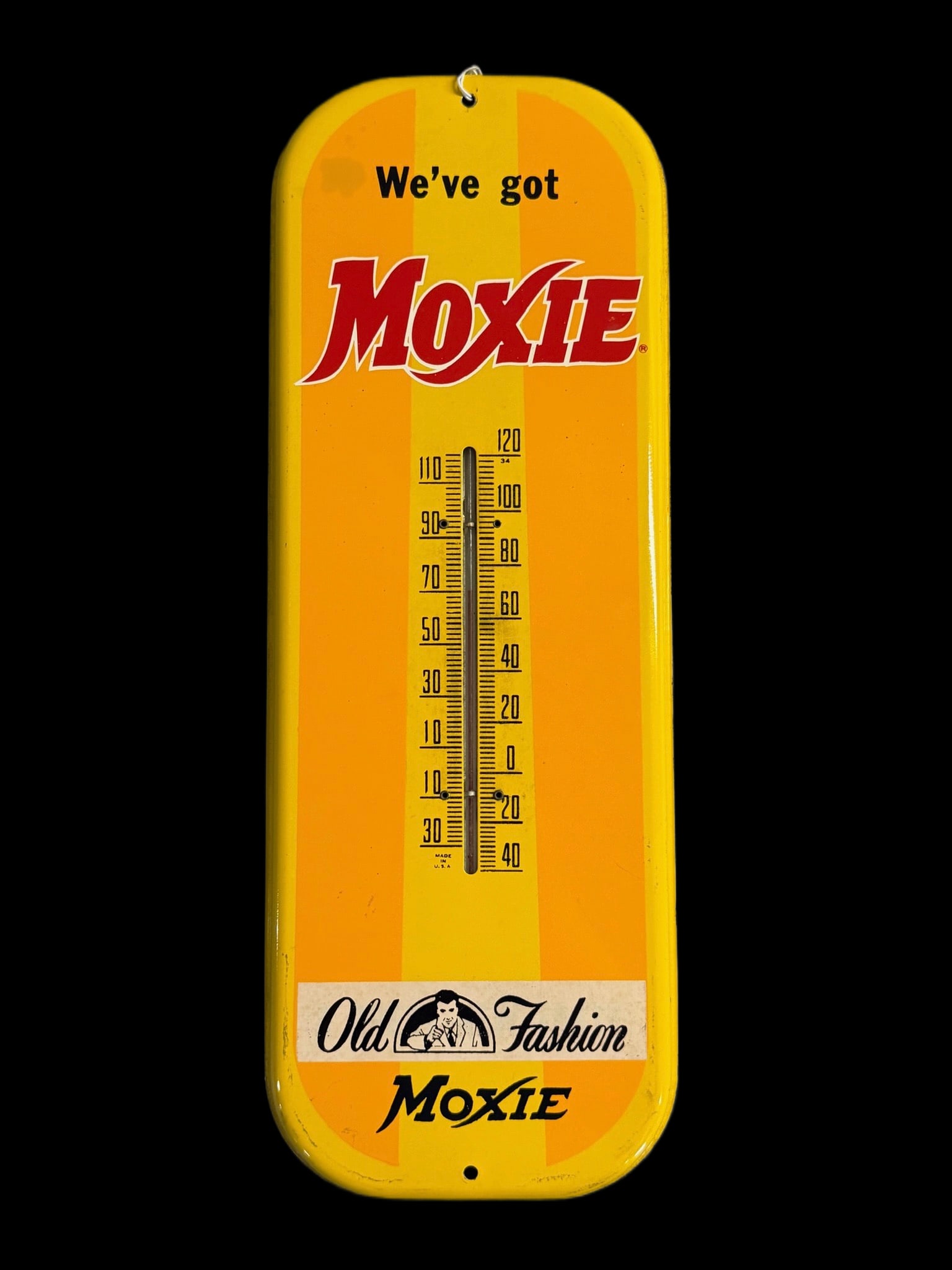 We've Got Moxie Thermometer: Stain by �We've� edge wear on bottom 1/4.. 16" H x 6" W. All items are eligible for free delivery to Rustbelt Americana in East Moline, IL on 8/6-7 or other shows that Richmond Auctions
