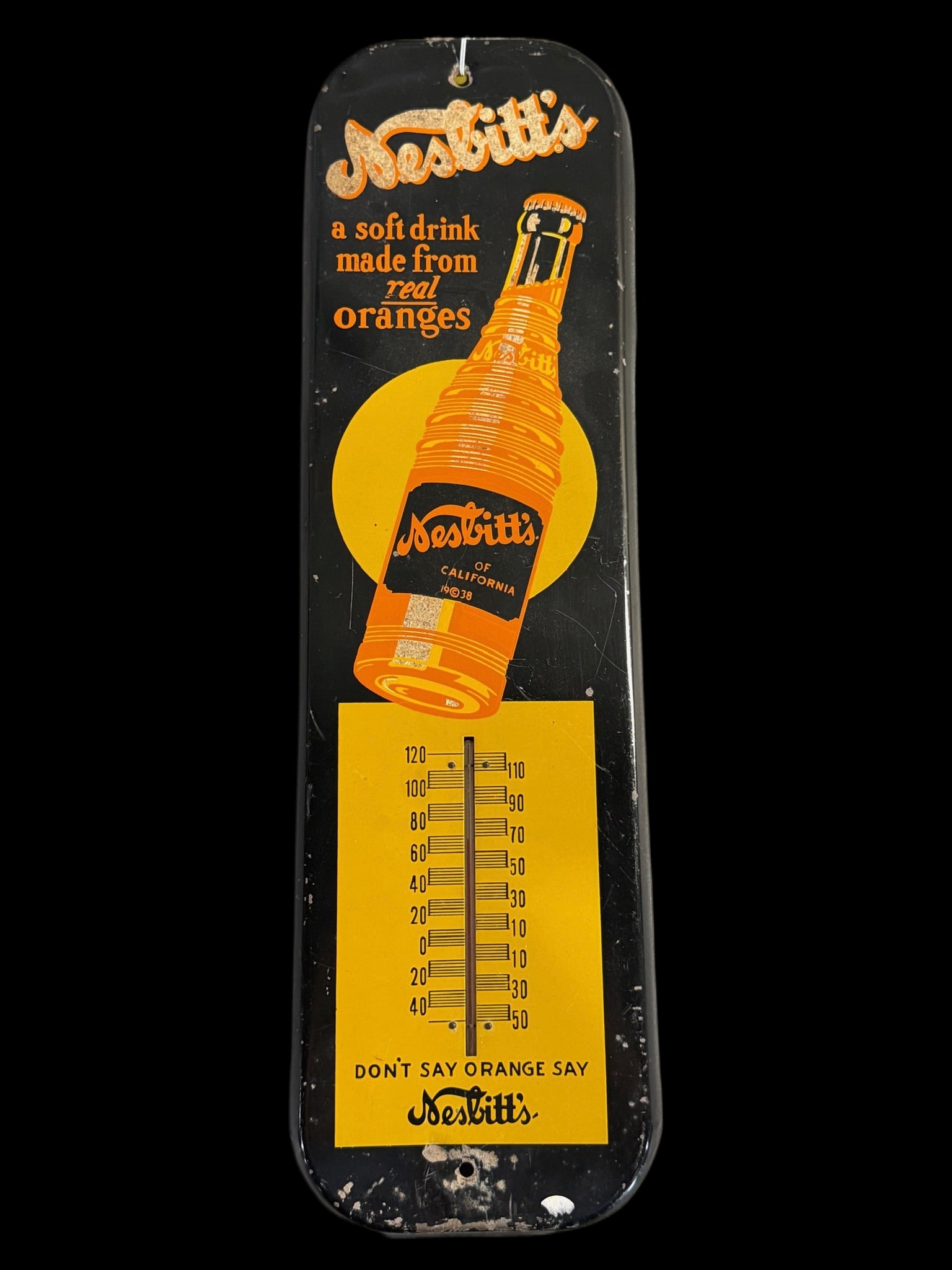 Nesbitt's Orange Soda Thermometer: Paint loss at top and lower 1/4. Slight bend 1/4 of the way down. 23" H x 7" W. All items are eligible for free delivery to Rustbelt Americana in East Moline, IL on 8/6-7 or other shows that Richmond 