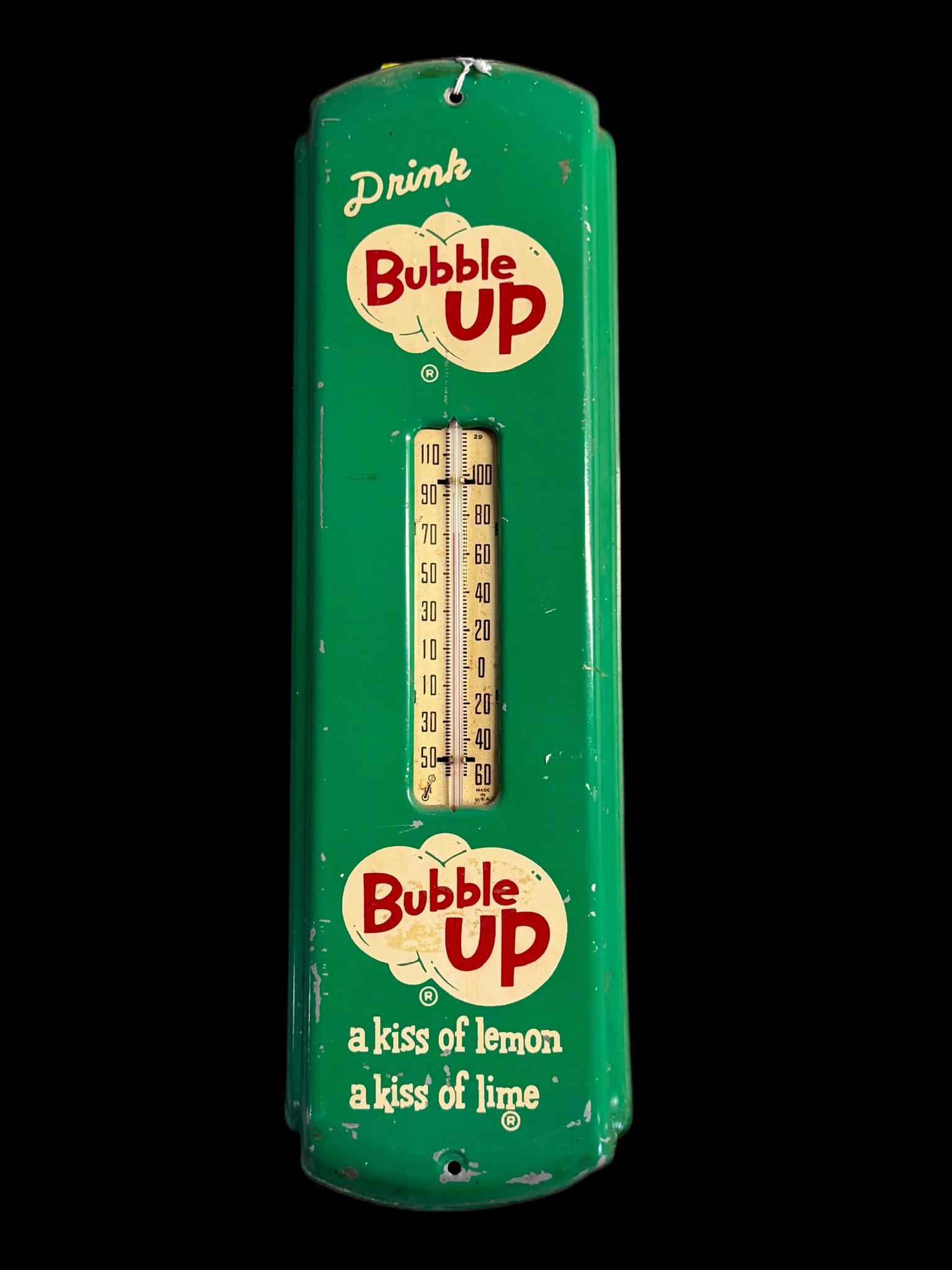 Bubble Up Soda Thermometer: Paint chips throughout. Tube works. 17" H x 5" W. All items are eligible for free delivery to Rustbelt Americana in East Moline, IL on 8/6-7 or other shows that Richmond Auctions attends. Size 17" H