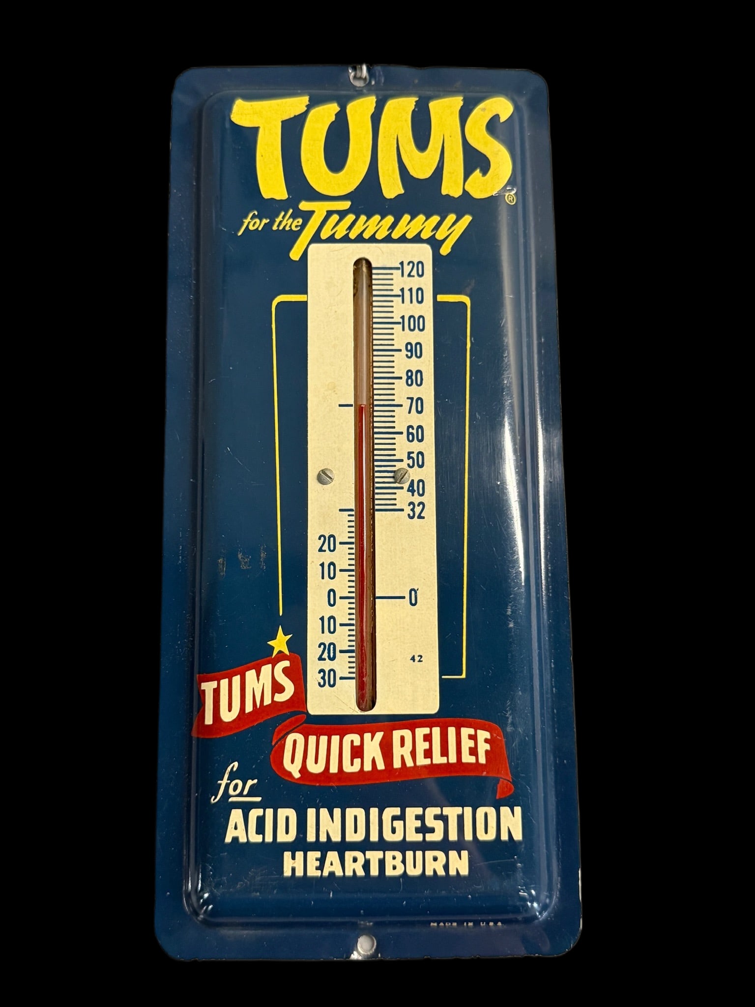 Tums For The Tummy Thermometer: Minimal wear, tube functions. 9" H x 4" W. All items are eligible for free delivery to Rustbelt Americana in East Moline, IL on 8/6-7 or other shows that Richmond Auctions attends. Size 9" H x 4" W
