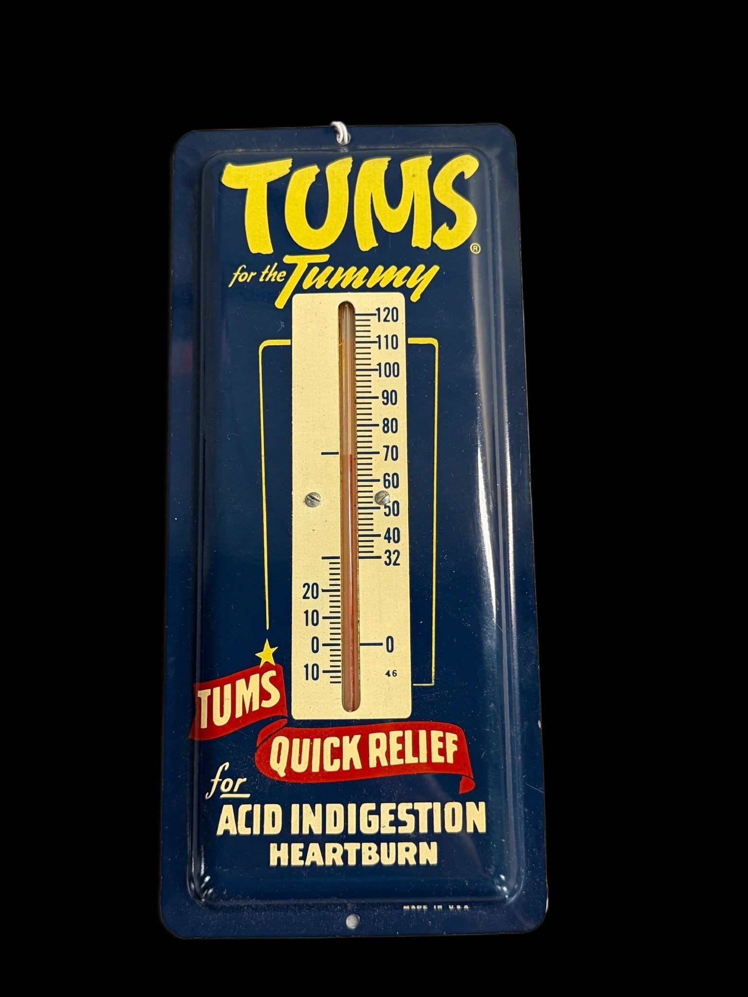 Tums For The Tummy Thermometer: Minimal wear, tube functions. 9" H x 4" W. All items are eligible for free delivery to Rustbelt Americana in East Moline, IL on 8/6-7 or other shows that Richmond Auctions attends. Size 9" H x 4" W