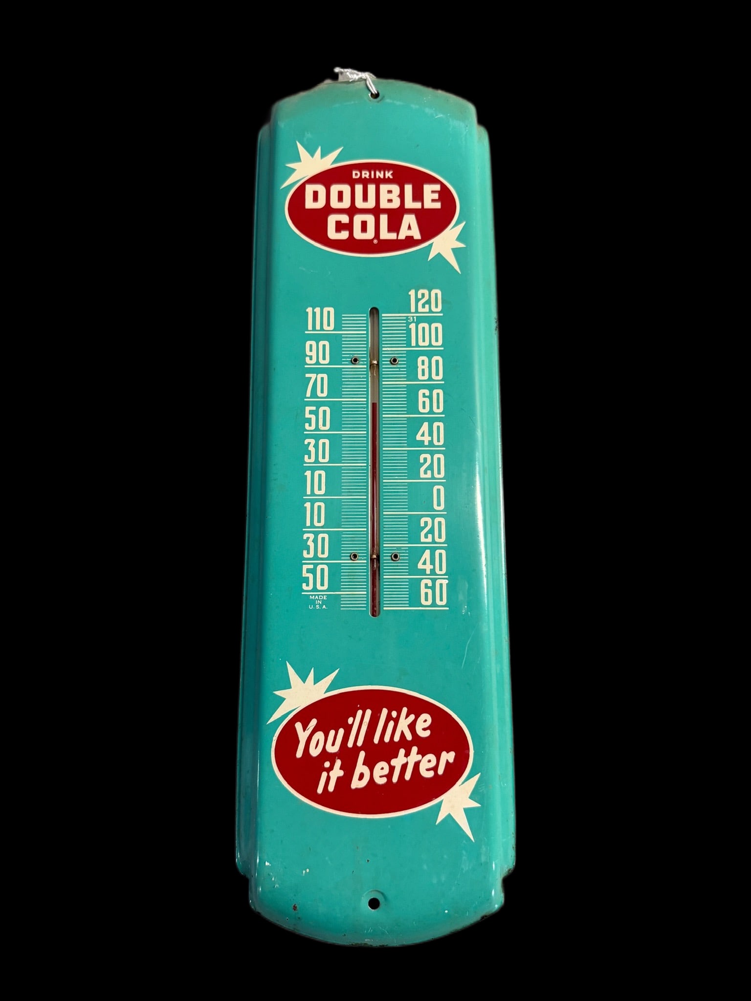 Double Cola Soda Thermometer: Moderate wear throughout. Tube functions. 17" H x 5" W. All items are eligible for free delivery to Rustbelt Americana in East Moline, IL on 8/6-7 or other shows that Richmond Auctions attends. Size