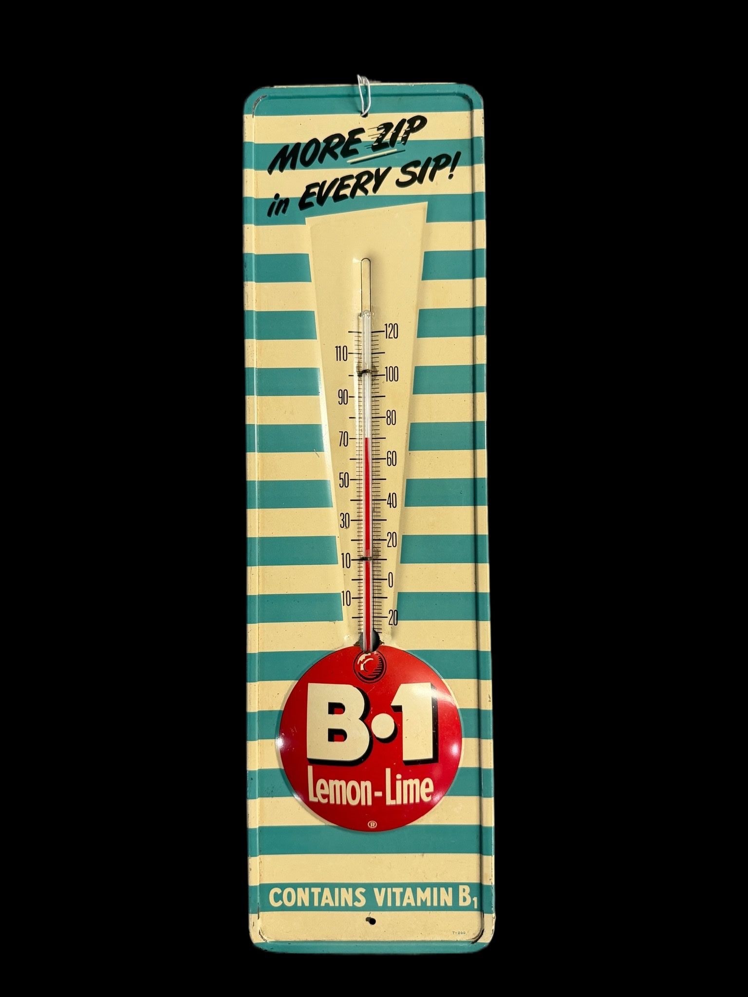 B1 Lemon Lime Soda Thermometer: Marked T-200. Light wear throughout. 61232. 17" H x 5" W. All items are eligible for free delivery to Rustbelt Americana in East Moline, IL on 8/6-7 or other shows that Richmond Auctions attends.