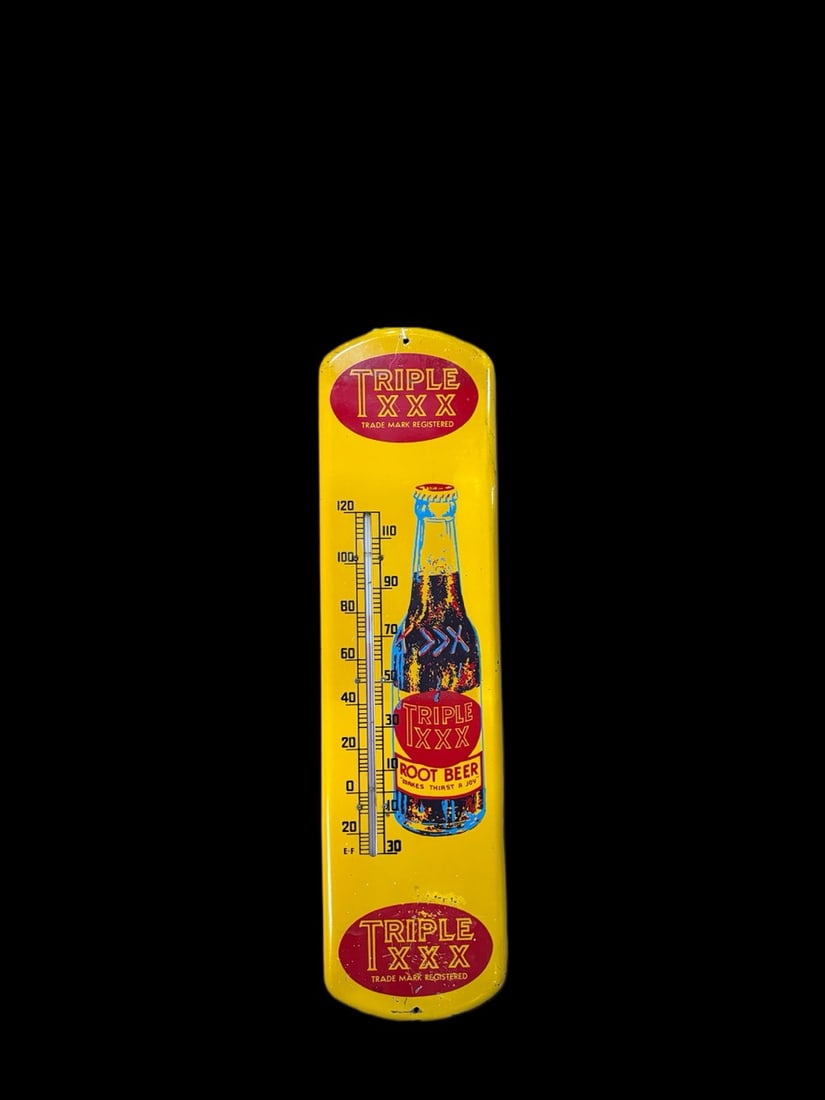 Triple XXX Root Beer Thermometer: Bottom has significant paint loss. Light scratches throughout. 28" H x 8" W. All items are eligible for free delivery to Rustbelt Americana in East Moline, IL on 8/6-7 or other shows that Richmond Auc