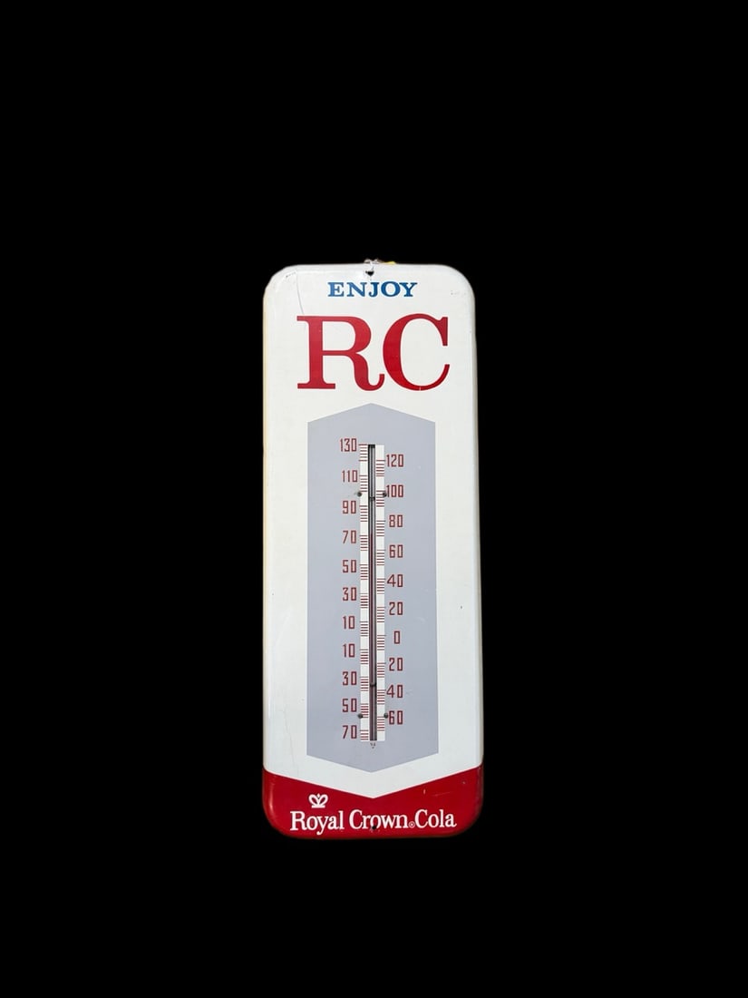 Royal Crown Cola RC Soda Thermometer: Marked Donasco 512. Scratch on top left. Field shows light wear. Tube functions. 26" H x 10" W. All items are eligible for free delivery to Rustbelt Americana in East Moline, IL on 8/6-7 or other show