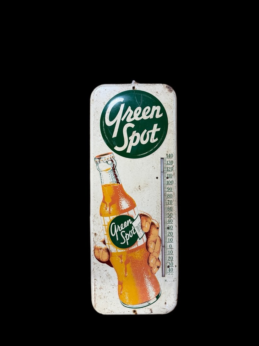 Green Spot Soda Thermometer: Significant wear everywhere. Tube is present and functions. 26" H x 10" W. All items are eligible for free delivery to Rustbelt Americana in East Moline, IL on 8/6-7 or other shows that Richmond