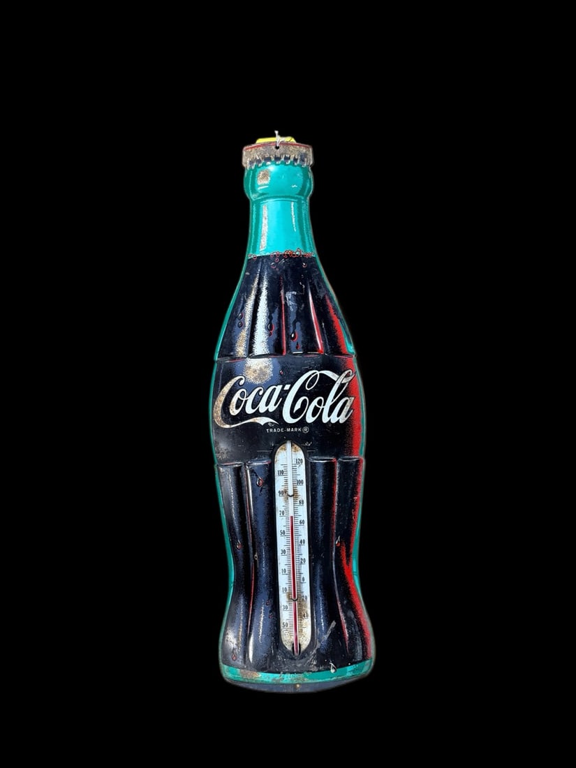 Large Coca Cola Coke Soda Thermometer: Significant wear everywhere. Tube present and functions. 30" H x 9" W. All items are eligible for free delivery to Rustbelt Americana in East Moline, IL on 8/6-7 or other shows that Richmond Auctions 