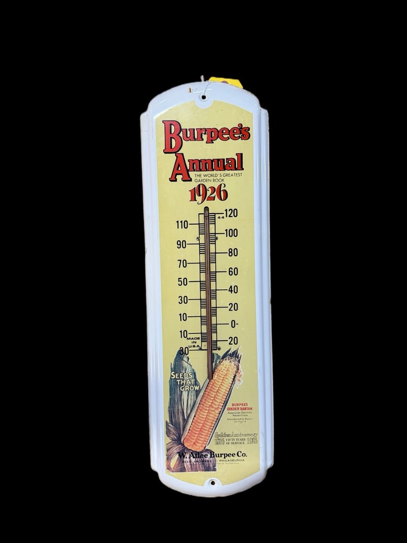 Burpee's Annual Garden Book Thermometer: Rusting around the edges. Normal shelf wear throughout. Tube is faint but appears to work. 26" H x 10" W. All items are eligible for free delivery to Rustbelt Americana in East Moline, IL on 8/6-7 or