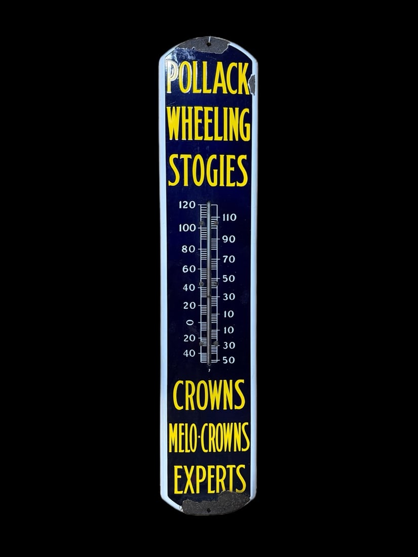 Pollack Wheeling Stogies Thermometer: Big chipping at top and bottom mounting holes. Tube present, light scratches throughout. 39" H x 8" W. All items are eligible for free delivery to Rustbelt Americana in East Moline, IL on 8/6-7 or oth