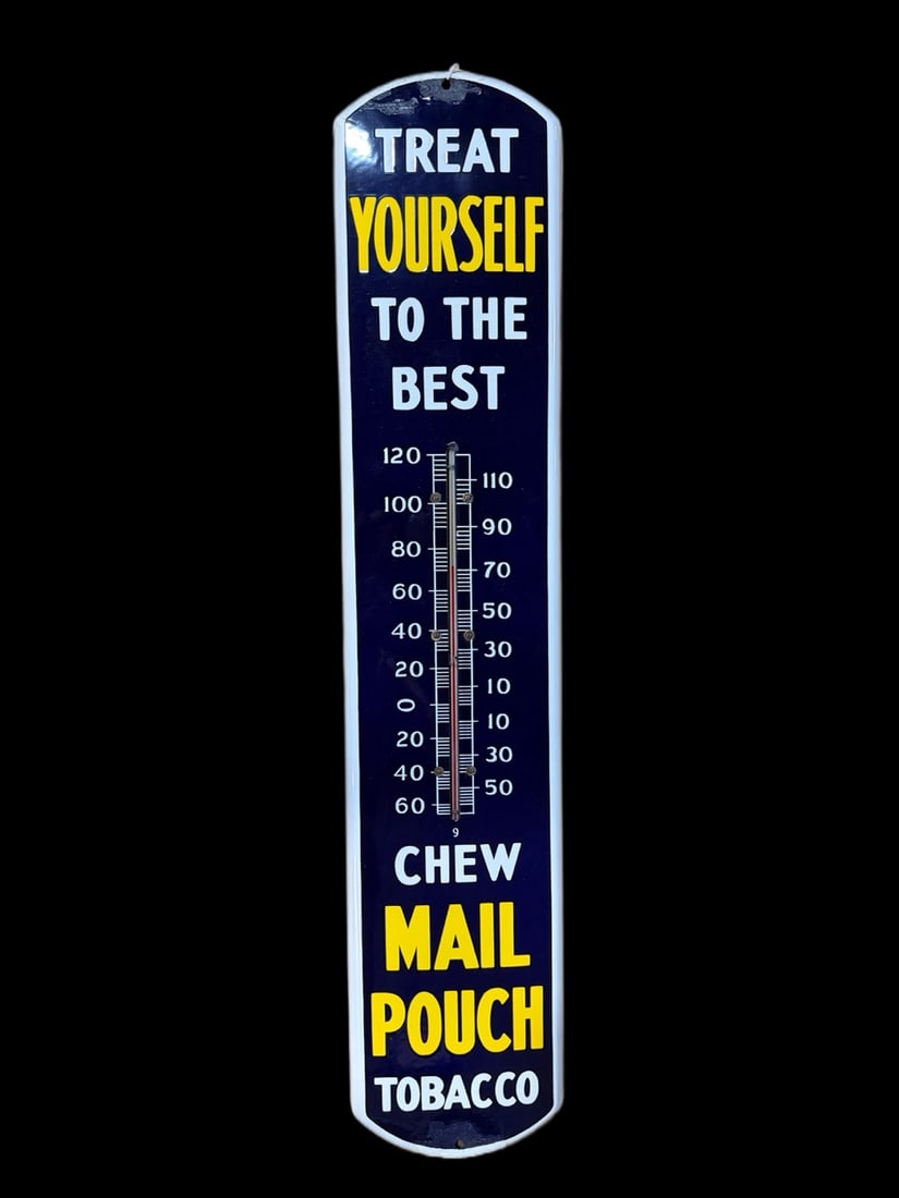 Mail Pouch Tobacco Thermometer: Big touch up at bottom and top mounting hole. Field has light scratching, tube is present.. 39" H x 8" W. All items are eligible for free delivery to Rustbelt Americana in East Moline, IL on 8/6-7 or 