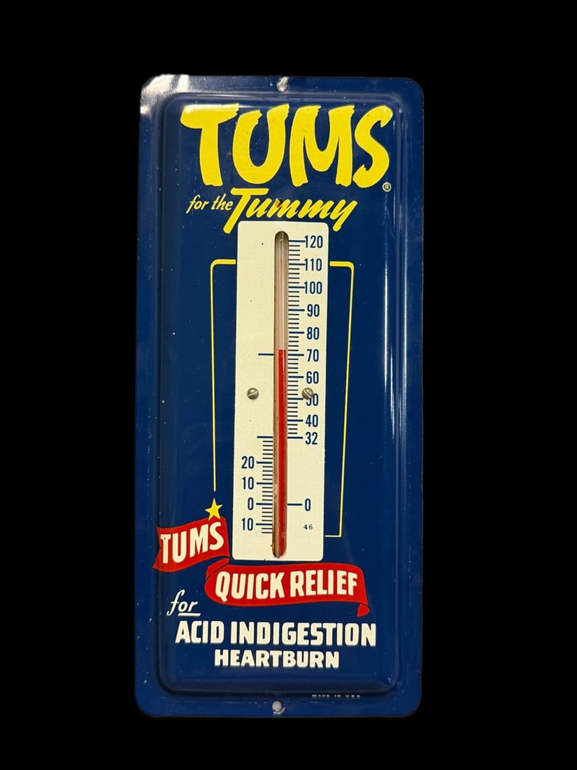 Tums For The Tummy Thermometer: Light wear, tube is present and works. 9" H x 4" W. All items are eligible for free delivery to Rustbelt Americana in East Moline, IL on 8/6-7 or other shows that Richmond Auctions attends. Size 9" H