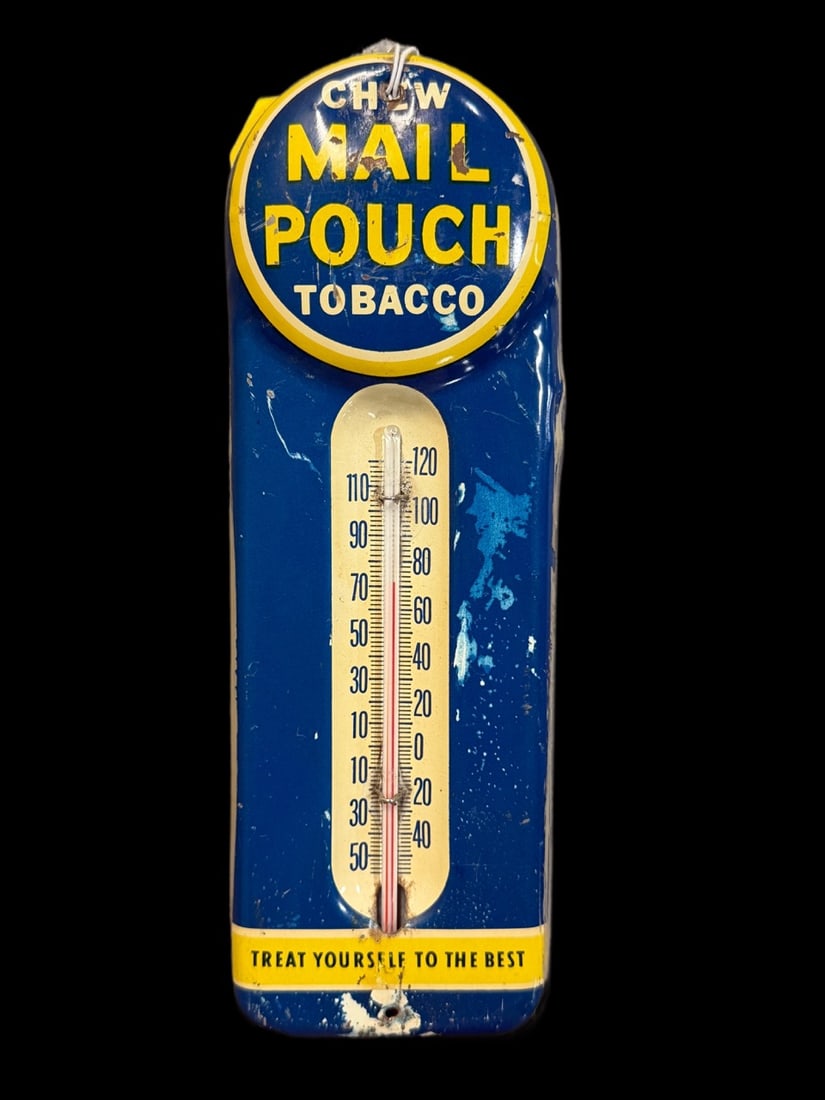 Chew Mail Pouch Tobacco Thermometer: Scratches and paint loss throughout. Tube present. 9" H x 3" W. All items are eligible for free delivery to Rustbelt Americana in East Moline, IL on 8/6-7 or other shows that Richmond Auctions attends