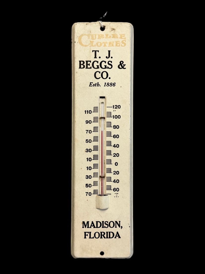 Curlee Clothes Madison Florida Thermometer: Significant paint fading, tube is present. 12" H x 3" W. All items are eligible for free delivery to Rustbelt Americana in East Moline, IL on 8/6-7 or other shows that Richmond Auctions attends. Size