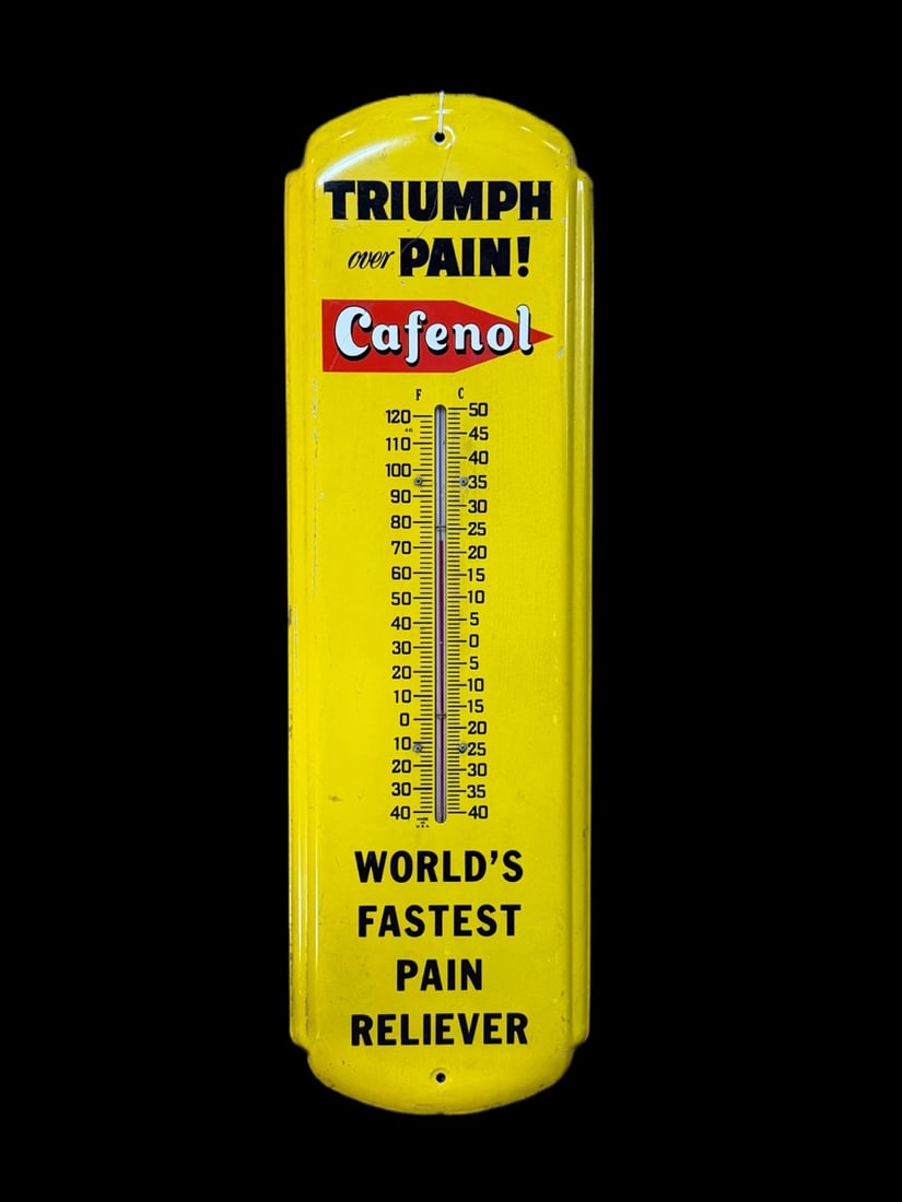Triumph Over Pain Cafenol Thermometer: Wear throughout and paint loss on edges. Tube present. 28" H x 8" W. All items are eligible for free delivery to Rustbelt Americana in East Moline, IL on 8/6-7 or other shows that Richmond Auctions