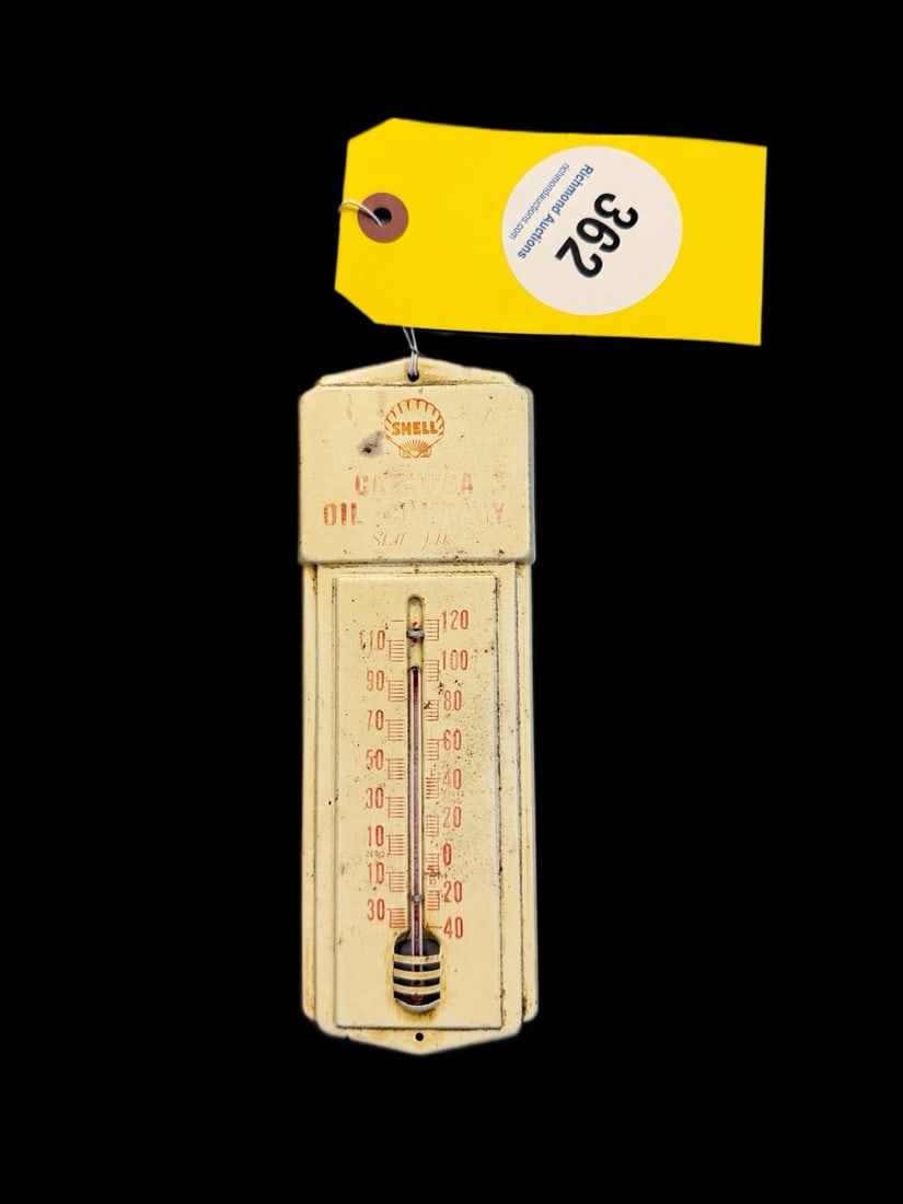 Shell Oil Thermometer: Paint loss everywhere. 8" H x 3" W. All items are eligible for free delivery to Rustbelt Americana in East Moline, IL on 8/6-7 or other shows that Richmond Auctions attends. Size 8" H x 3" W Medium