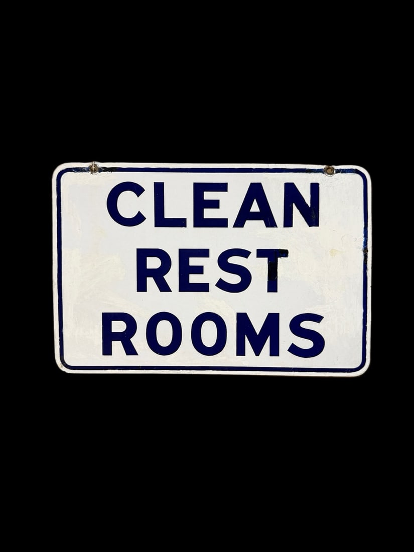 Dsp Clean Rest Rooms Sign.: Heavily touched up everywhere on both sides. 18" H x 12" W. All items are eligible for free delivery to Rustbelt Americana in East Moline, IL on 8/6-7 or other shows that Richmond Auctions attends.