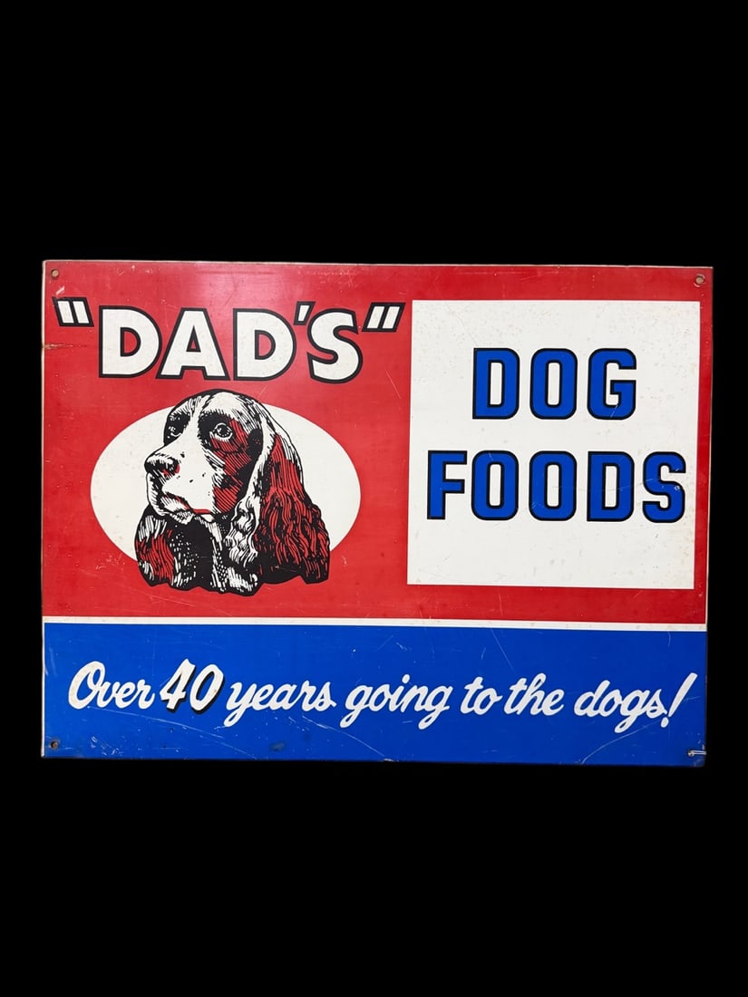 Dad's Dog Foods Metal Sign: Heavy scratching throughout. 24" H x 18" W. All items are eligible for free delivery to Rustbelt Americana in East Moline, IL on 8/6-7 or other shows that Richmond Auctions attends. Size 24" H x 18"