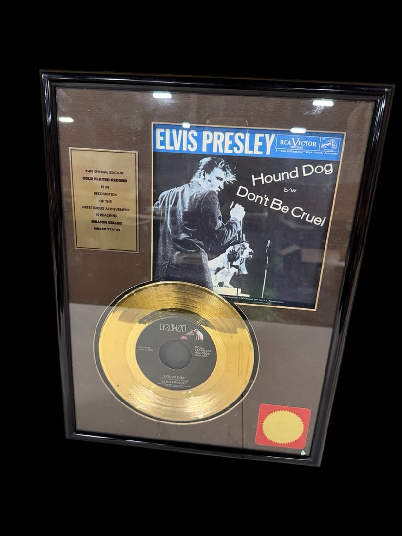 3 Piece Elvis Gold Plated Records: 3 framed commemorative Elvis record displays. 16" H x 20" W. All items are eligible for free delivery to Rustbelt Americana in East Moline, IL on 8/6-7 or other shows that Richmond Auctions attends.
