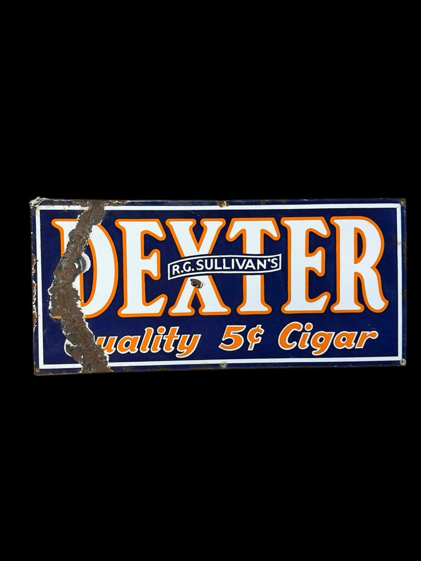 Dexter Cigar Porcelain Sign: Extreme damage on left side and center. 23" H x 11" W. All items are eligible for free delivery to Rustbelt Americana in East Moline, IL on 8/6-7 or other shows that Richmond Auctions attends. Size 23
