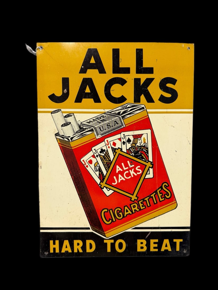 All Jacks Cigarettes Hard To Beat Sign: Significant scratching throughout. 14" H x 10" W. All items are eligible for free delivery to Rustbelt Americana in East Moline, IL on 8/6-7 or other shows that Richmond Auctions attends. Size 14" H x