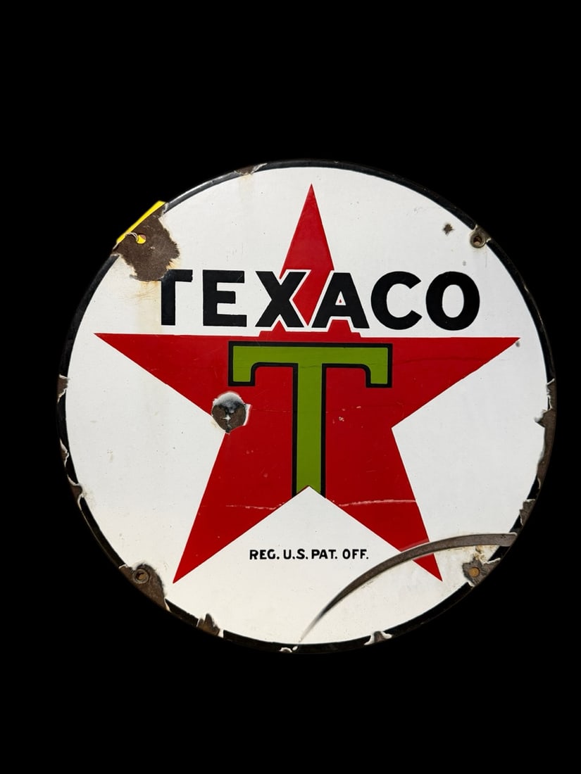 Texaco 15� Porcelain Sign: Significant loss across bottom an chips at all mounting holes and center. 15" H. All items are eligible for free delivery to Rustbelt Americana in East Moline, IL on 8/6-7 or other shows that