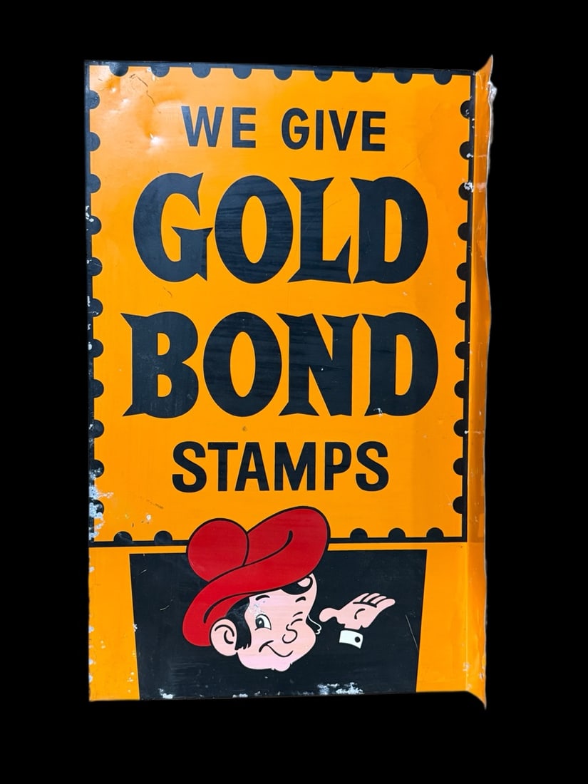 We Give Gold Bond Stamps Flange: Very thin tin flange with paint loss. Damage on both sides. 20" H x 13" W x 2" D. All items are eligible for free delivery to Rustbelt Americana in East Moline, IL on 8/6-7 or other shows that Richmon