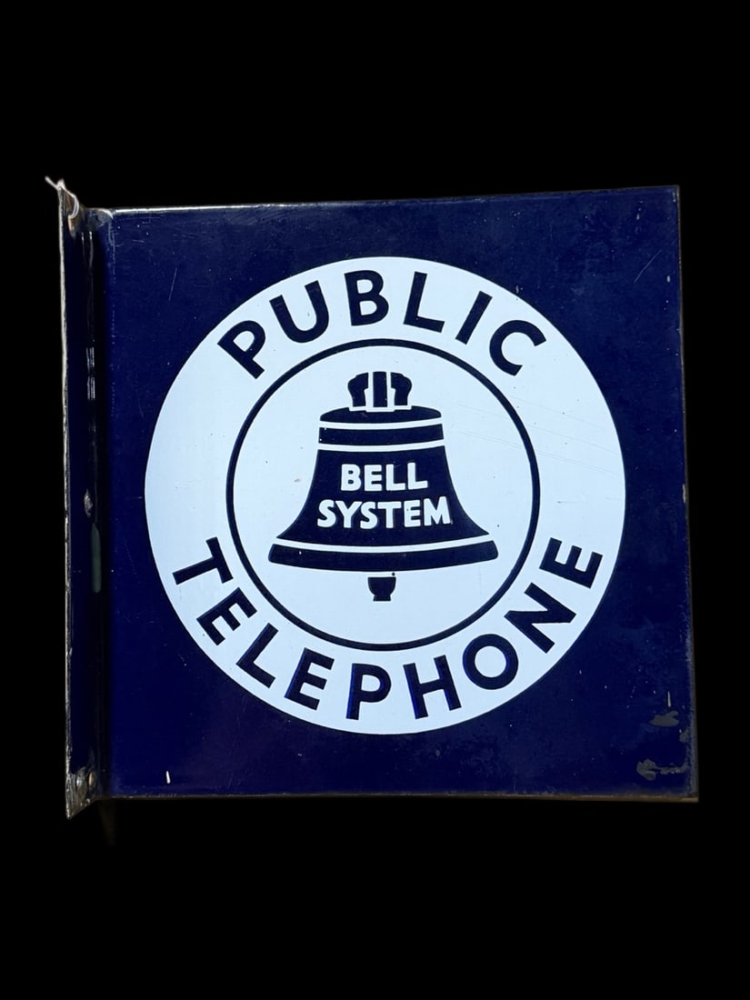 Public Bell System Telephone Porcelain Flange: Slight wear throughout with some staining on edges. 11" H x 11" W x 2" D. All items are eligible for free delivery to Rustbelt Americana in East Moline, IL on 8/6-7 or other shows that Richmond Auctio