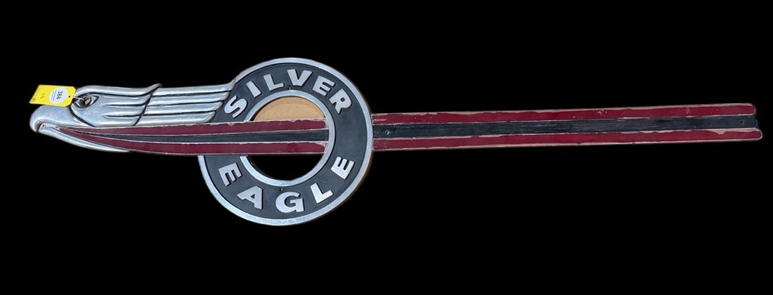 Silver Eagle Bus 2 Pieces Sign 6' Long: 2 pieces. Wear throughout with some paint loss on red strips. 75" H x 18" W. All items are eligible for free delivery to Rustbelt Americana in East Moline, IL on 8/6-7 or other shows that Richmond