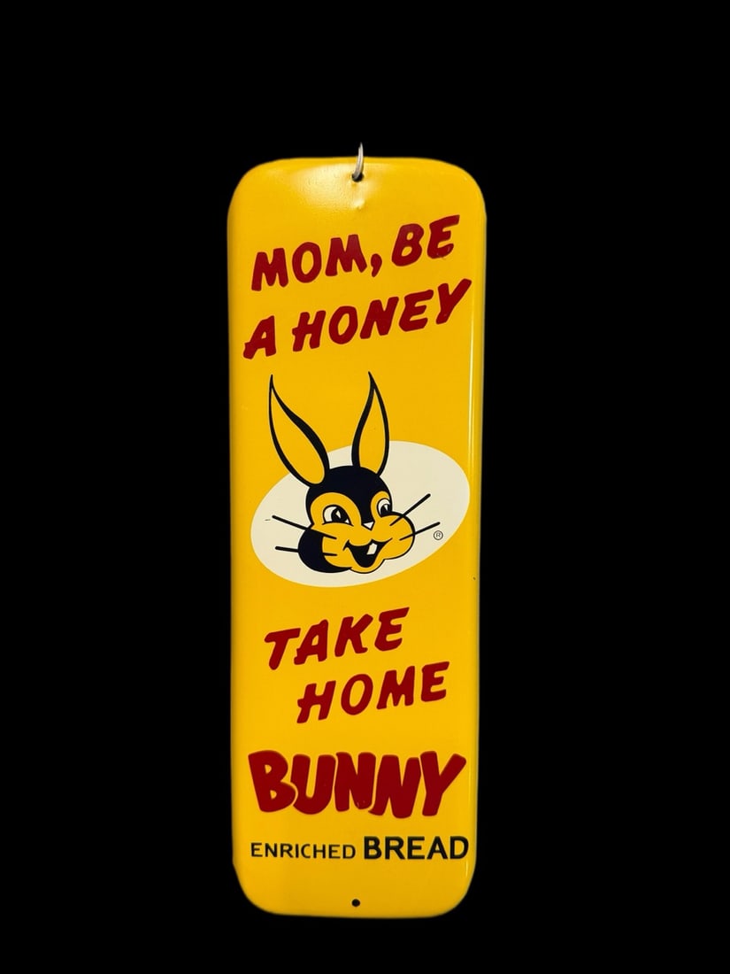 3 Bunny Enriched Bread Sign And Door Push: 3 Bunny signs. Made by Grace sign 1-61. Push has chip at the A before Honey. Other 2 have shelf wear present. 19" H x 9" W. All items are eligible for free delivery to Rustbelt Americana in East