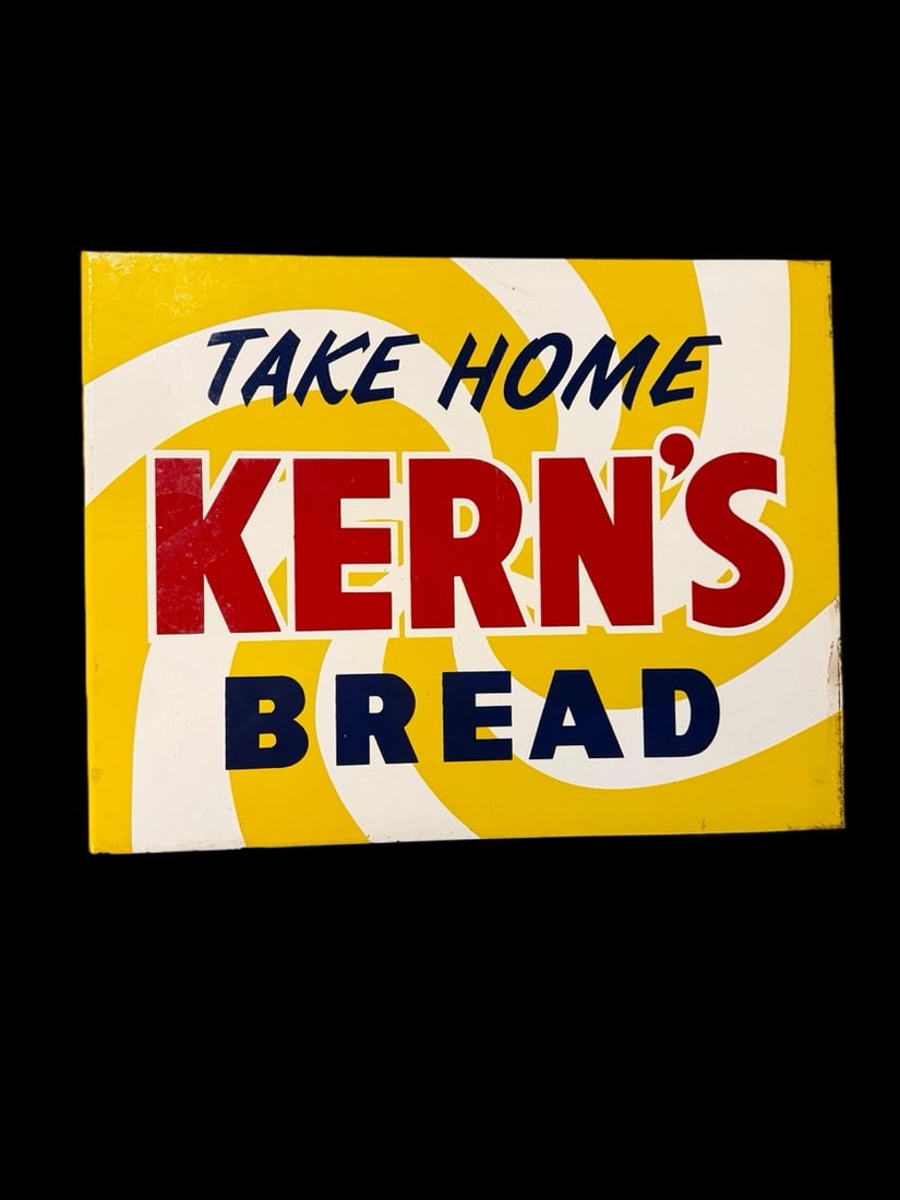 Take Home Kern's Bread Flange Sign: Wear throughout with paint loss at the edges. 14" H x 18" W x 2" D. All items are eligible for free delivery to Rustbelt Americana in East Moline, IL on 8/6-7 or other shows that Richmond Auctions att