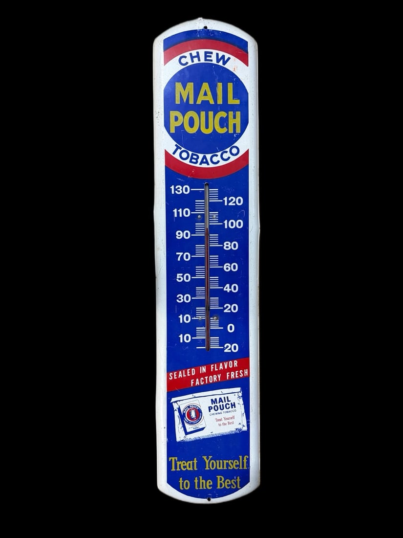 Chew Mail Pouch Tobacco Thermometer: Scratching throughout. Tube is present. Age unknown. 39" H x 9" W. All items are eligible for free delivery to Rustbelt Americana in East Moline, IL on 8/6-7 or other shows that Richmond Auctions atte