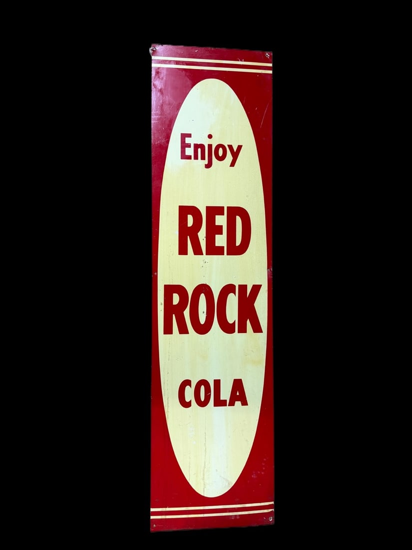 Enjoy Red Rock Cola: Not old. Staining throughout. 36" H x 9" W. All items are eligible for free delivery to Rustbelt Americana in East Moline, IL on 8/6-7 or other shows that Richmond Auctions attends. Size 36" H x 9" W