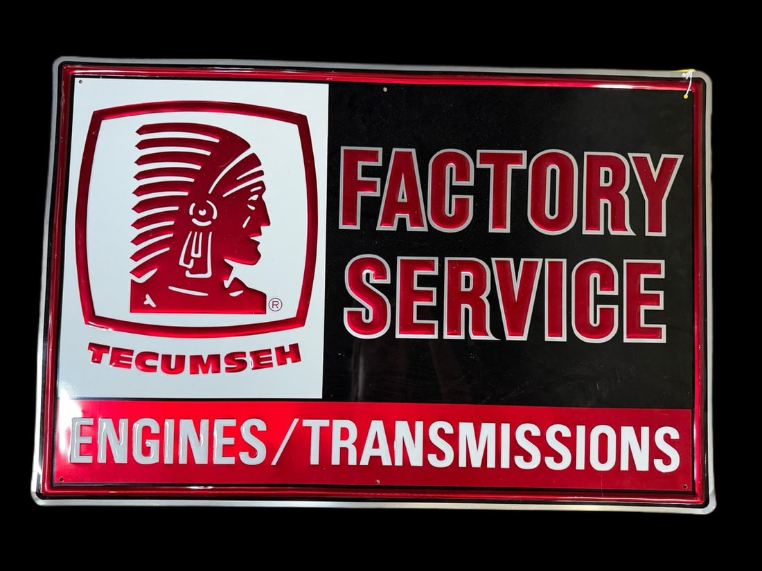 Tecumseh Factory Service Engine Sign: Marked Stout Lite. Thin metal. Has light scratches throughout. 36" H x 12" W. All items are eligible for free delivery to Rustbelt Americana in East Moline, IL on 8/6-7 or other shows that Richmond