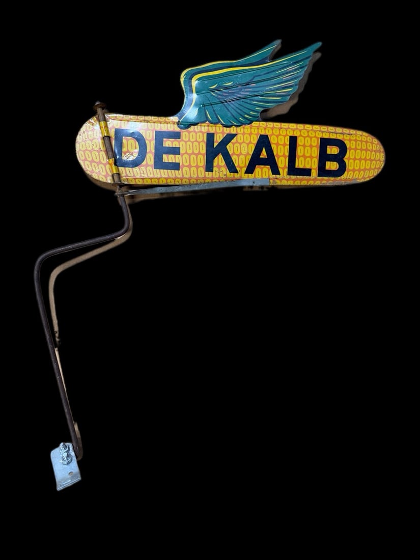 Dekalb Spinner Sign: One side heavy scratching throughout, the other side only minor scratches. 18" H x 9" W. All items are eligible for free delivery to Rustbelt Americana in East Moline, IL on 8/6-7 or other shows that